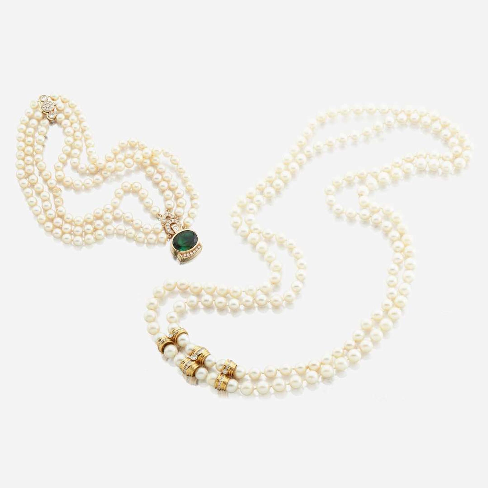 Two cultured pearl, gold, and gem-set necklaces