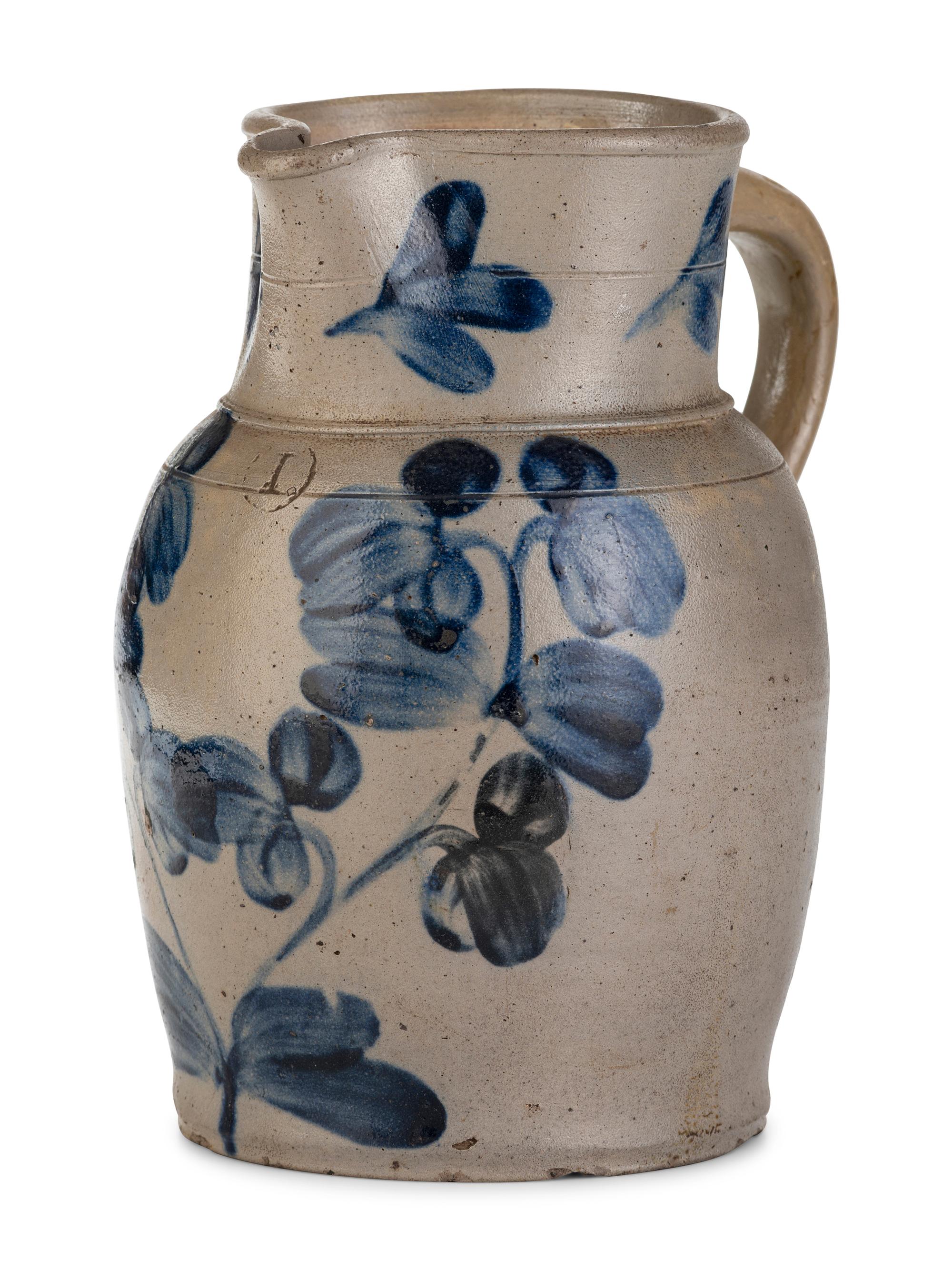 A One Gallon Cobalt Decorated Stoneware Pitcher