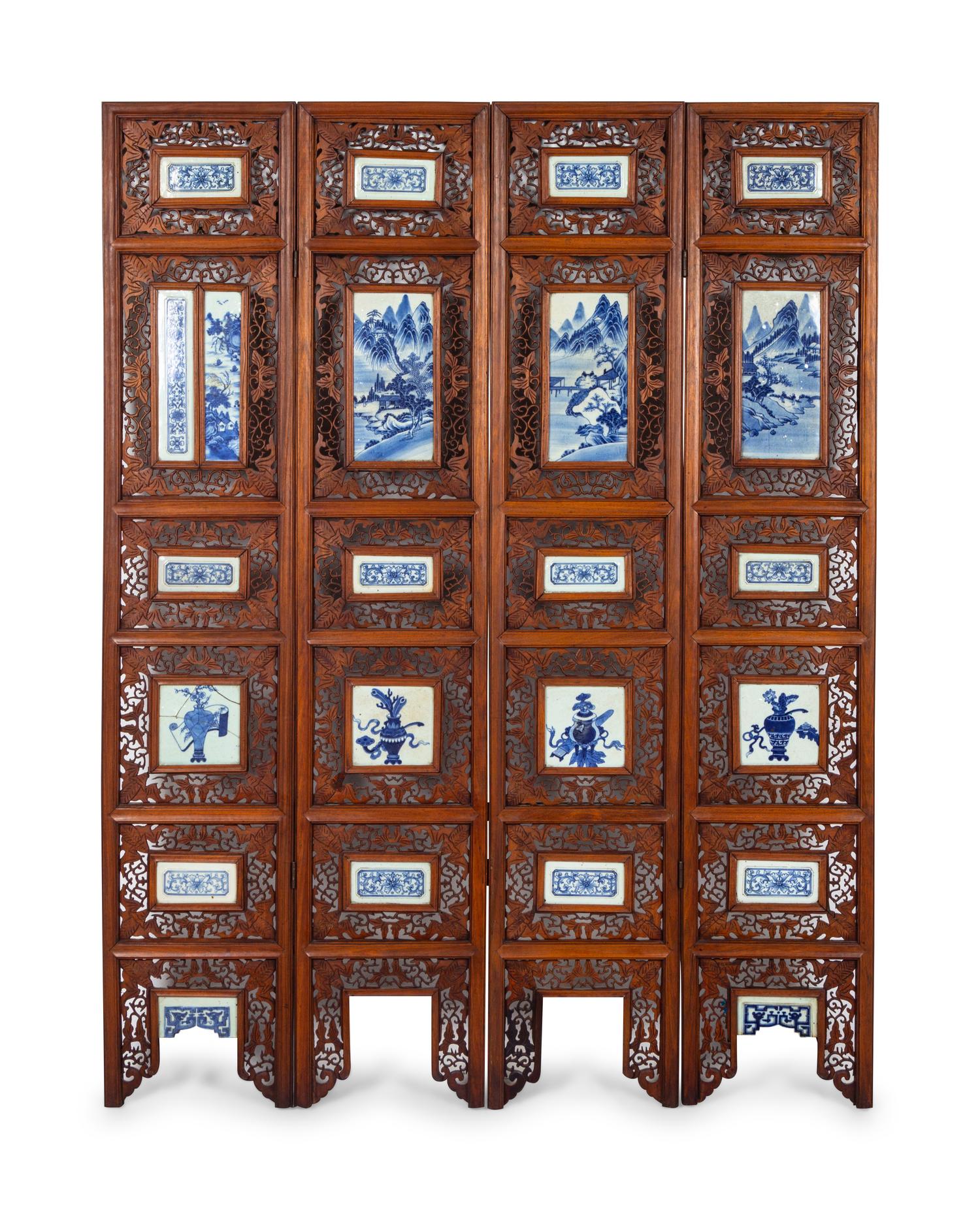 A Chinese Blue and White Porcelain Inset Hardwood Four-Panel Screen