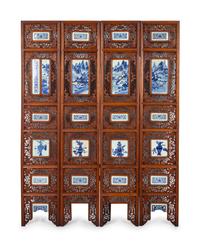A Chinese Blue and White Porcelain Inset Hardwood Four-Panel Screen