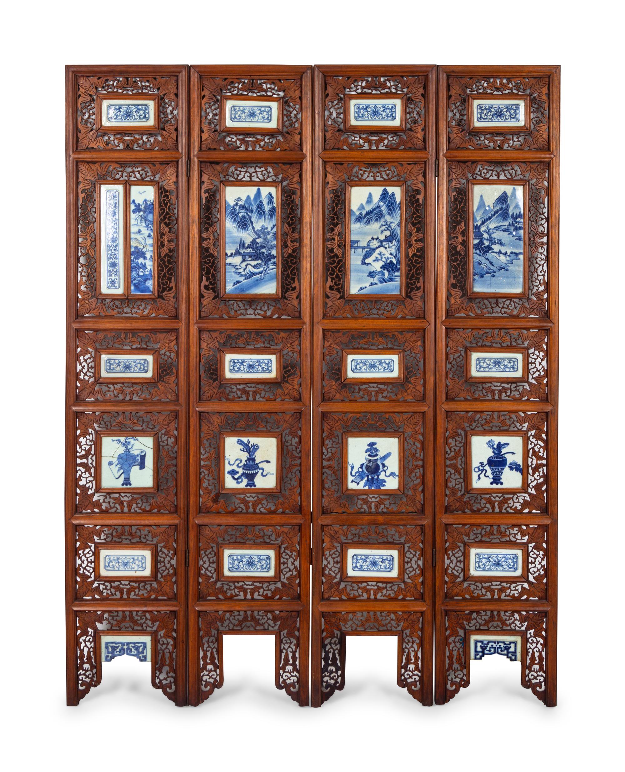 A Chinese Blue and White Porcelain Inset Hardwood Four-Panel Screen
