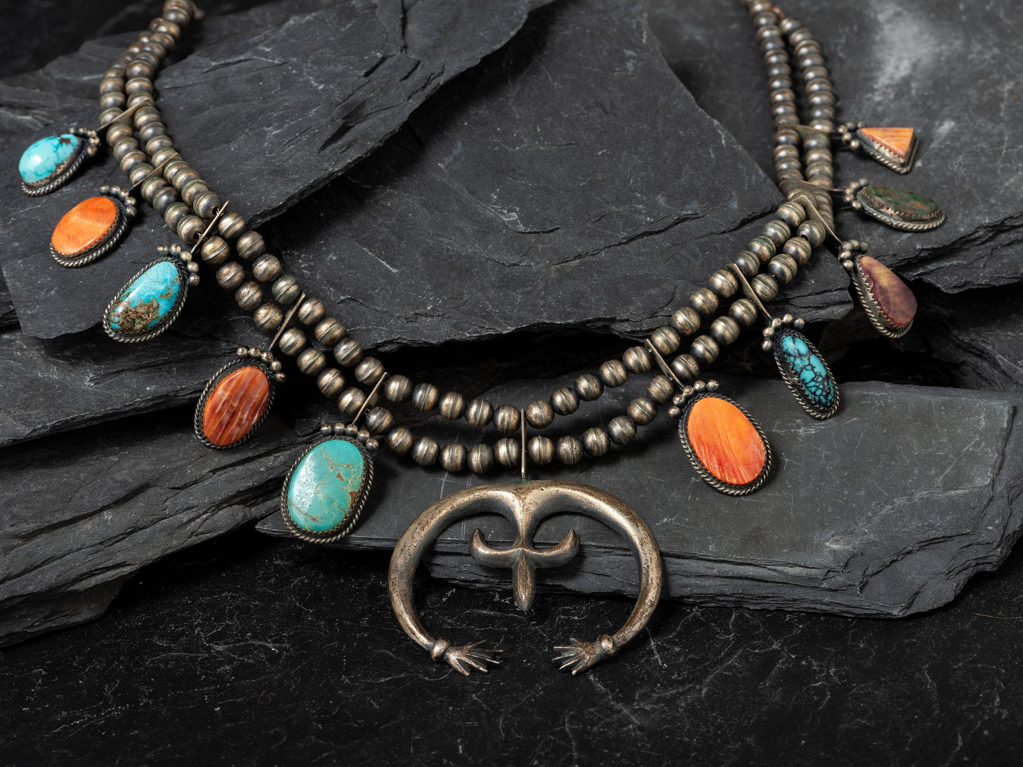 Sterling Silver, Turquoise, and Spiny Oyster Squash Blossom Necklace