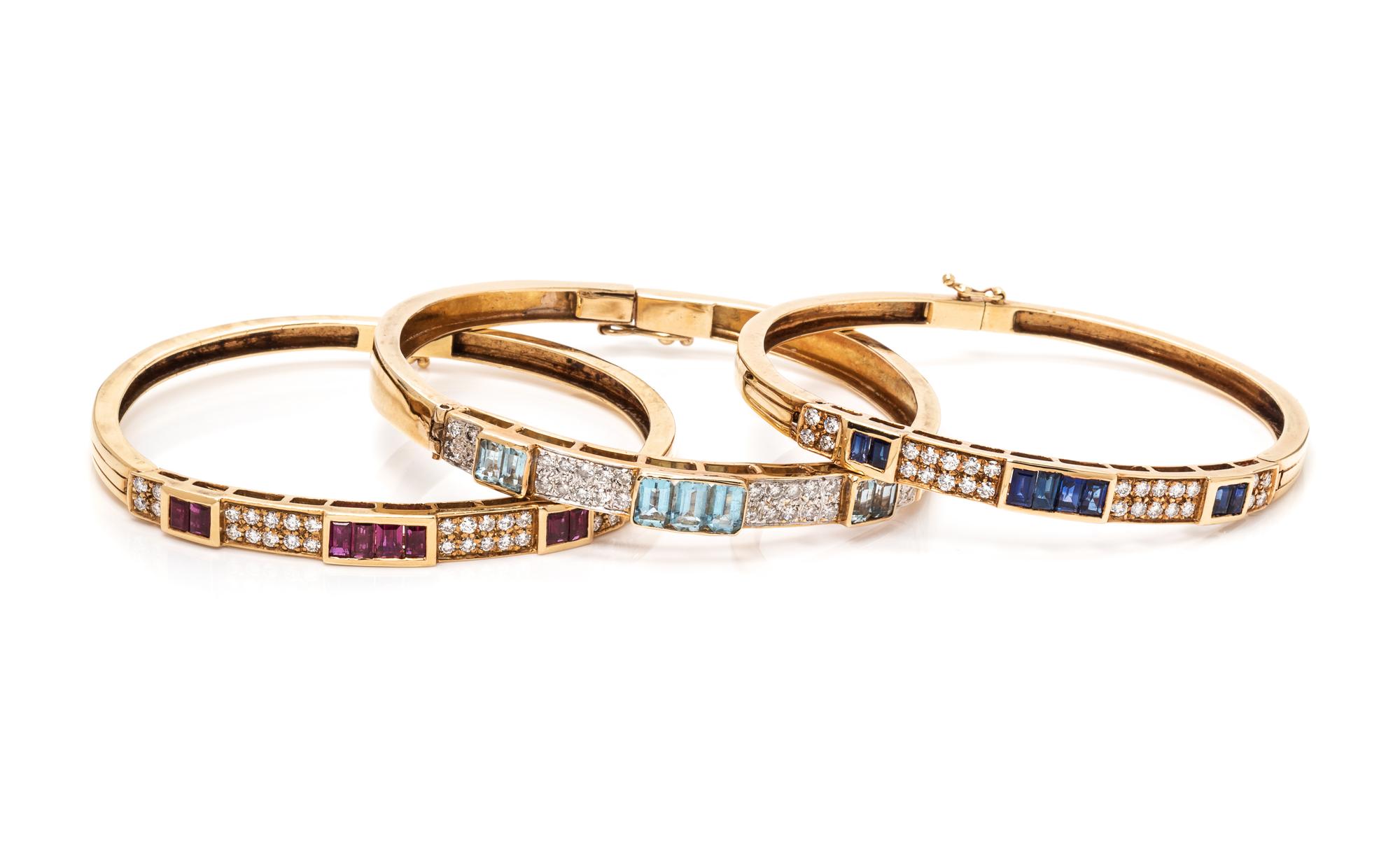 A Collection of Yellow Gold, Diamond and Multigem Bangle Bracelets,