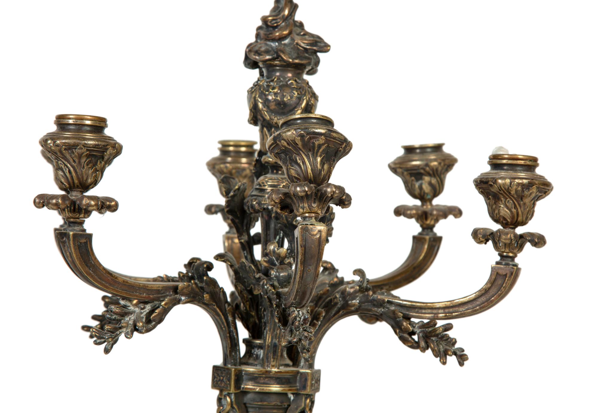 A Pair of French Silvered Bronze Six-Light Candelabra