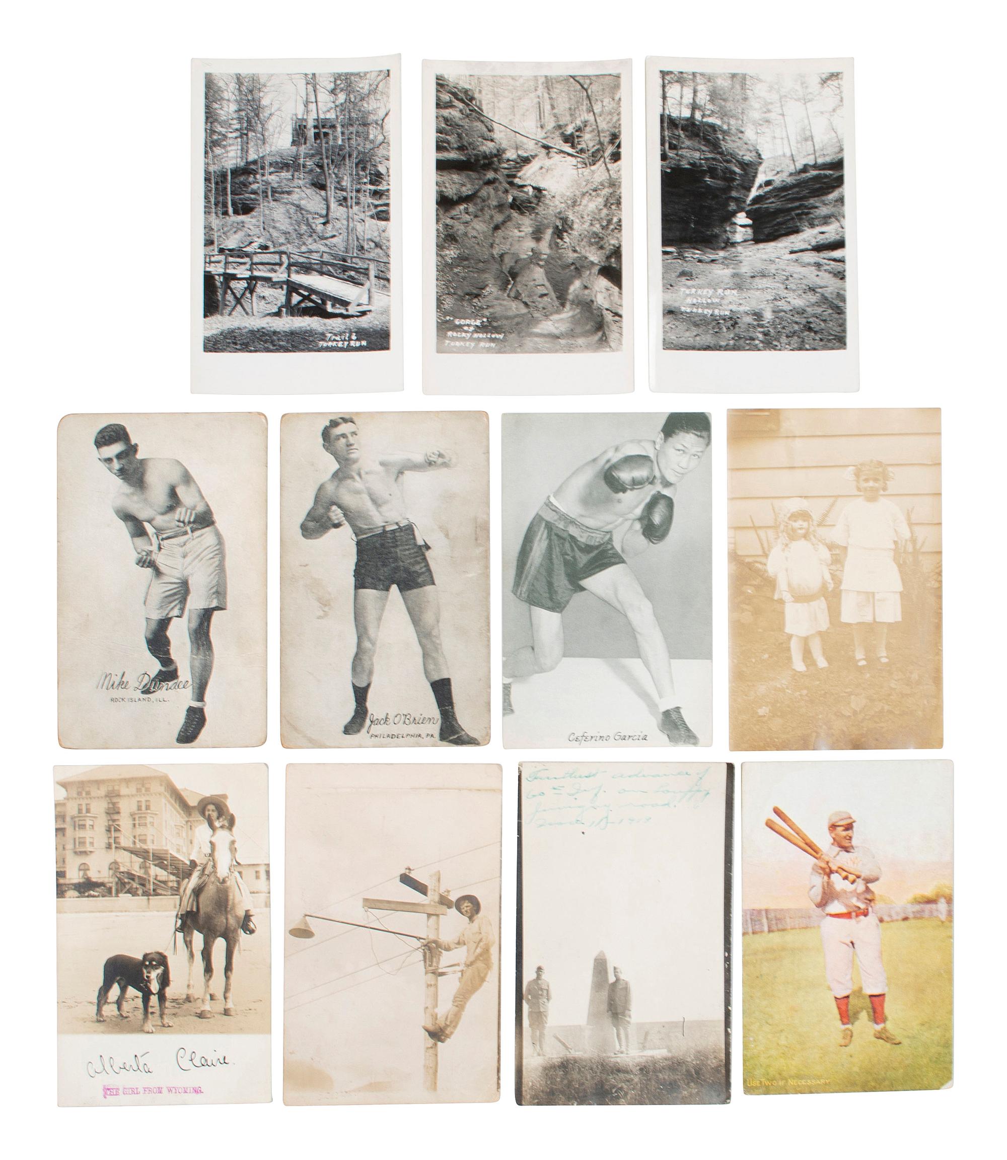 [EARLY PHOTOGRAPHY]. A collection of CDVs, cabinet cards, and real photo postcards, highlighted by a view of Seth Kinman's chair, an occupational view of women at work, views of young men prior to enlisting in the Civil War, and portraiture.