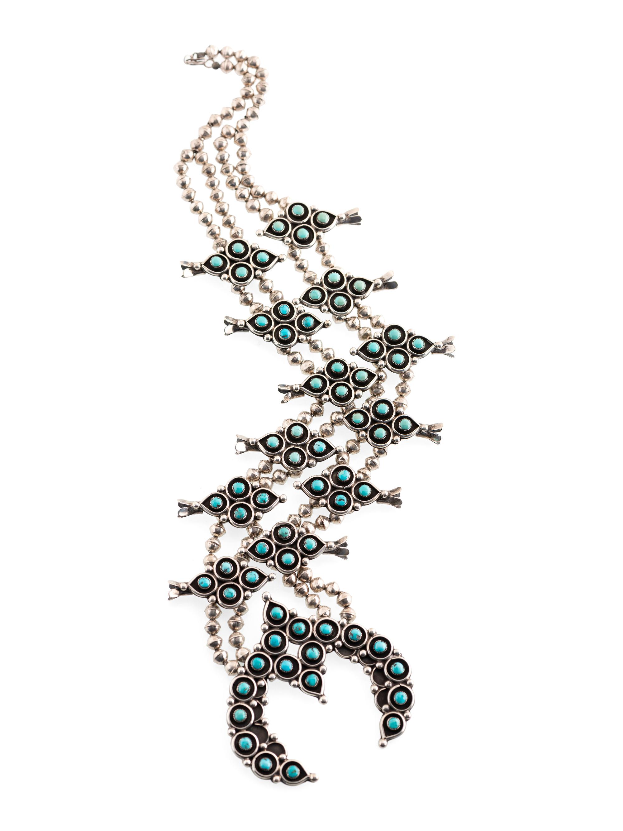 Navajo Silver and Turquoise Squash Blossom Necklace