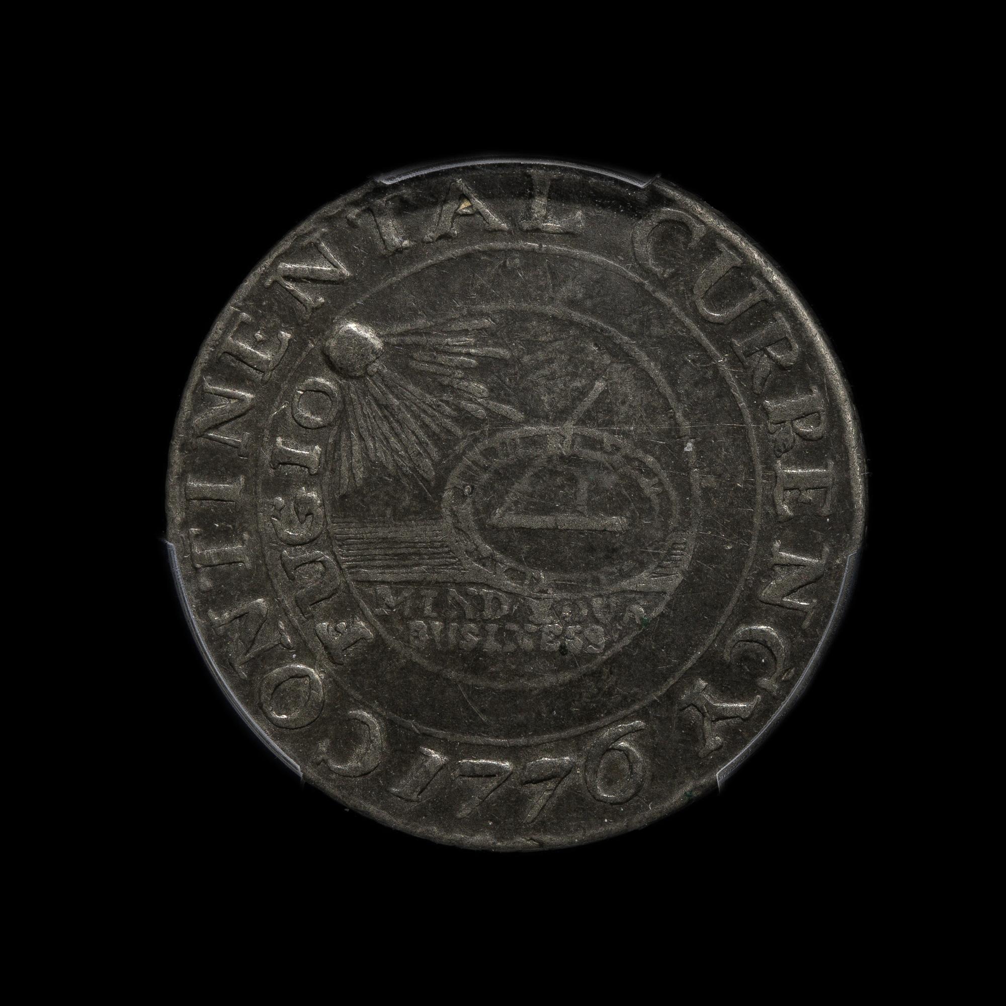 A 1776 Continental Currency Pewter ' Currency' $1 Coin [PCGS XF45; CAC Green Sticker]