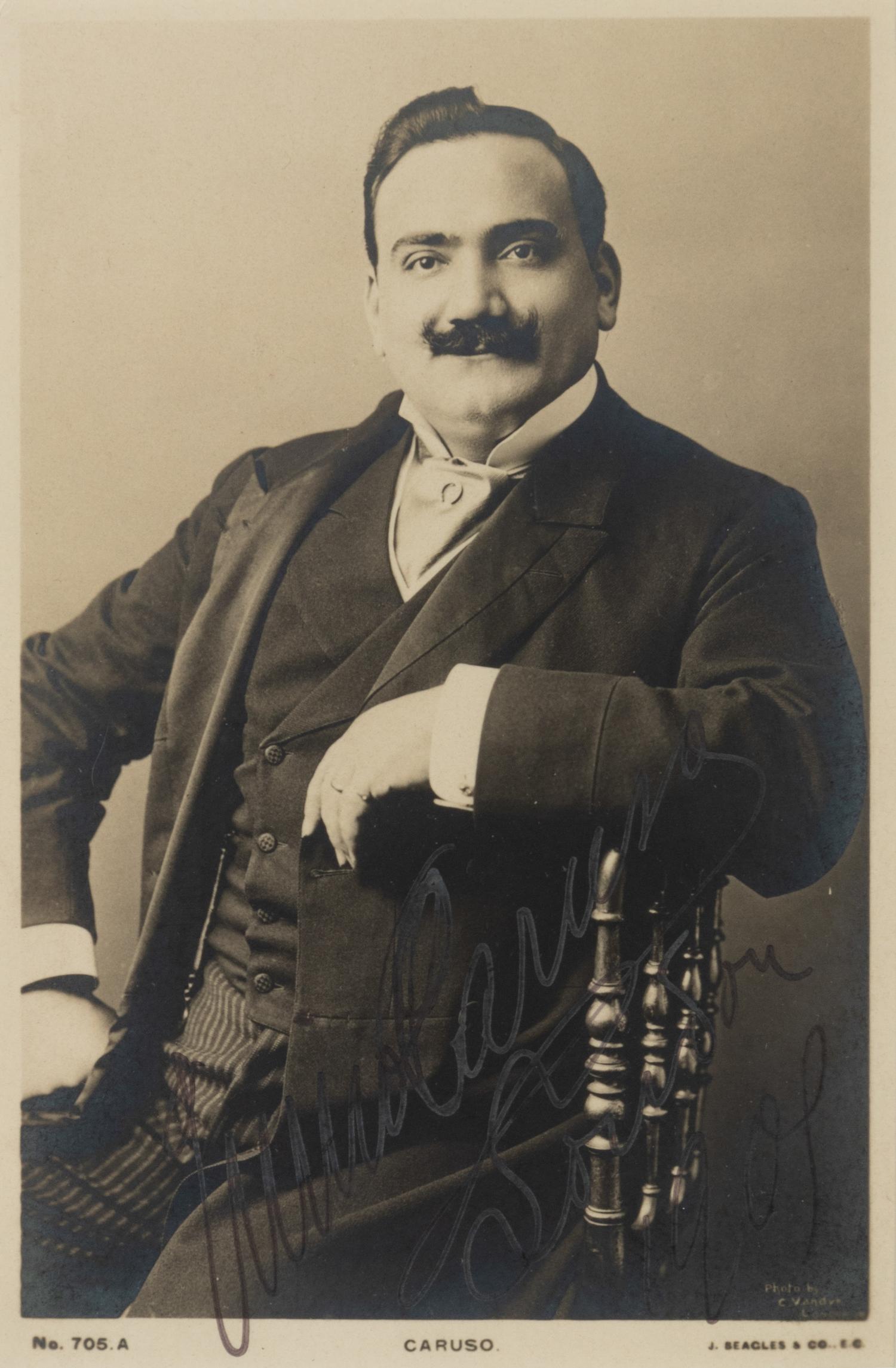 CARUSO, Enrico (1873-1921). Black and white promotional photograph signed ("Enrico Caruso"), 1901.