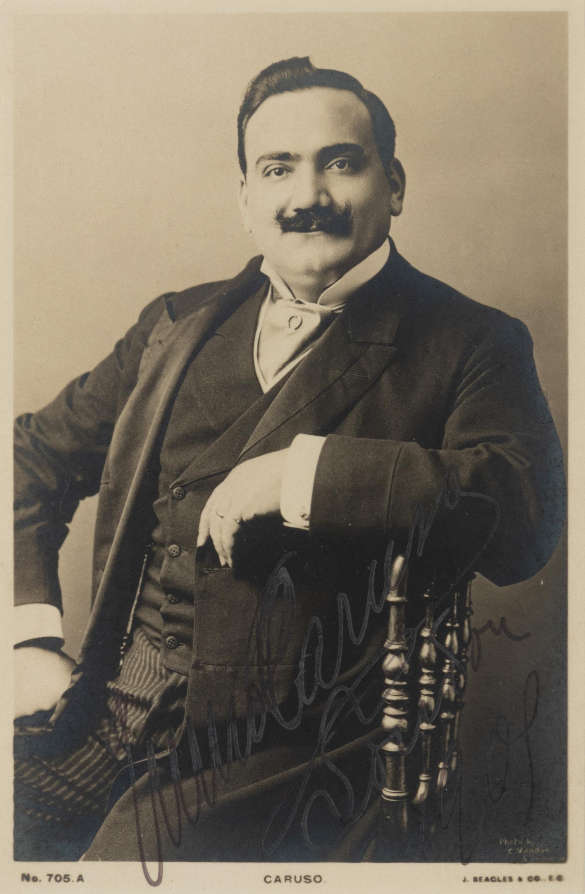 CARUSO, Enrico (1873-1921). Black and white promotional photograph signed ("Enrico Caruso"), 1901.