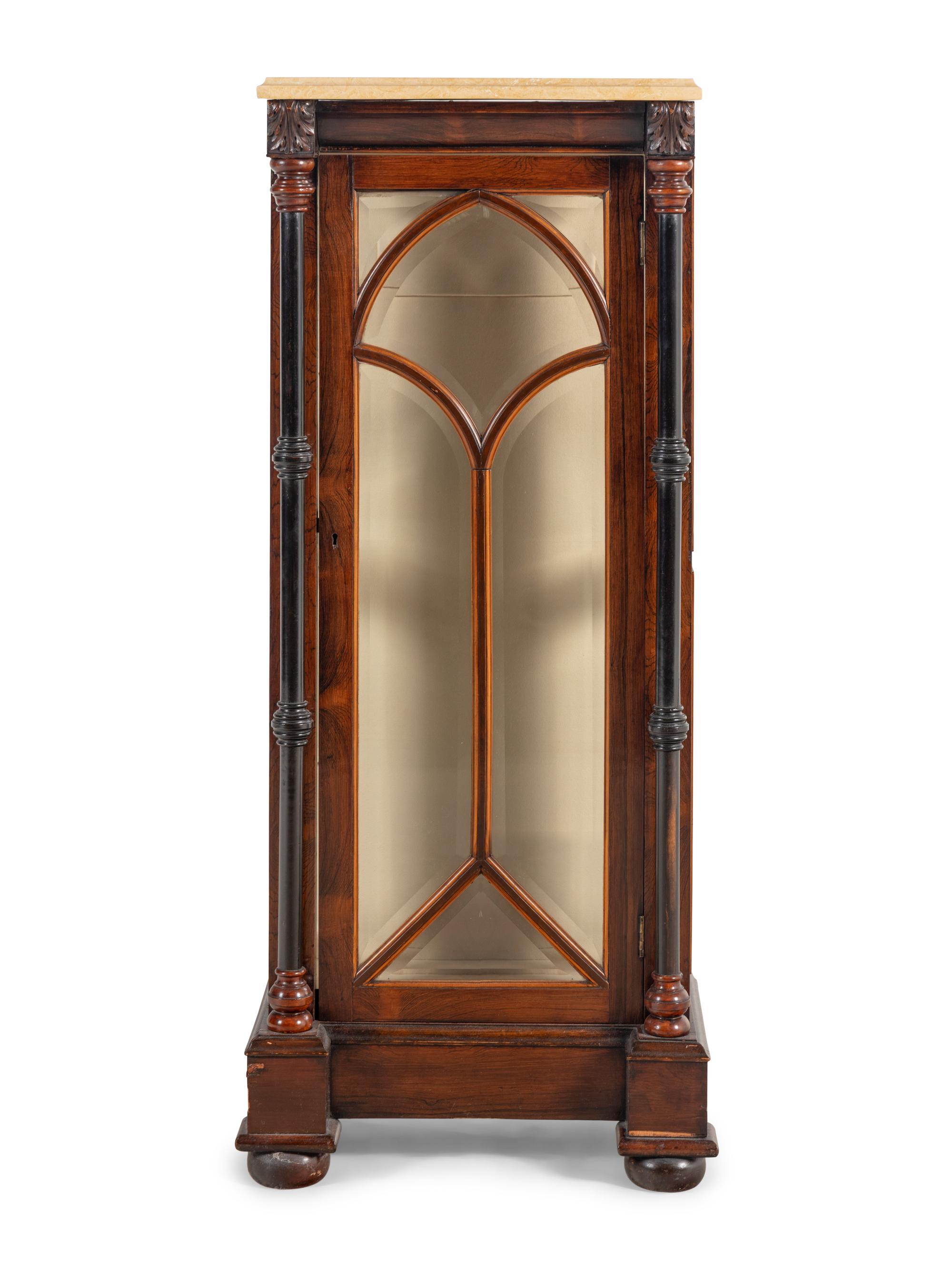 An English Part-Ebonized Rosewood Marble-Top Vitrine Cabinet