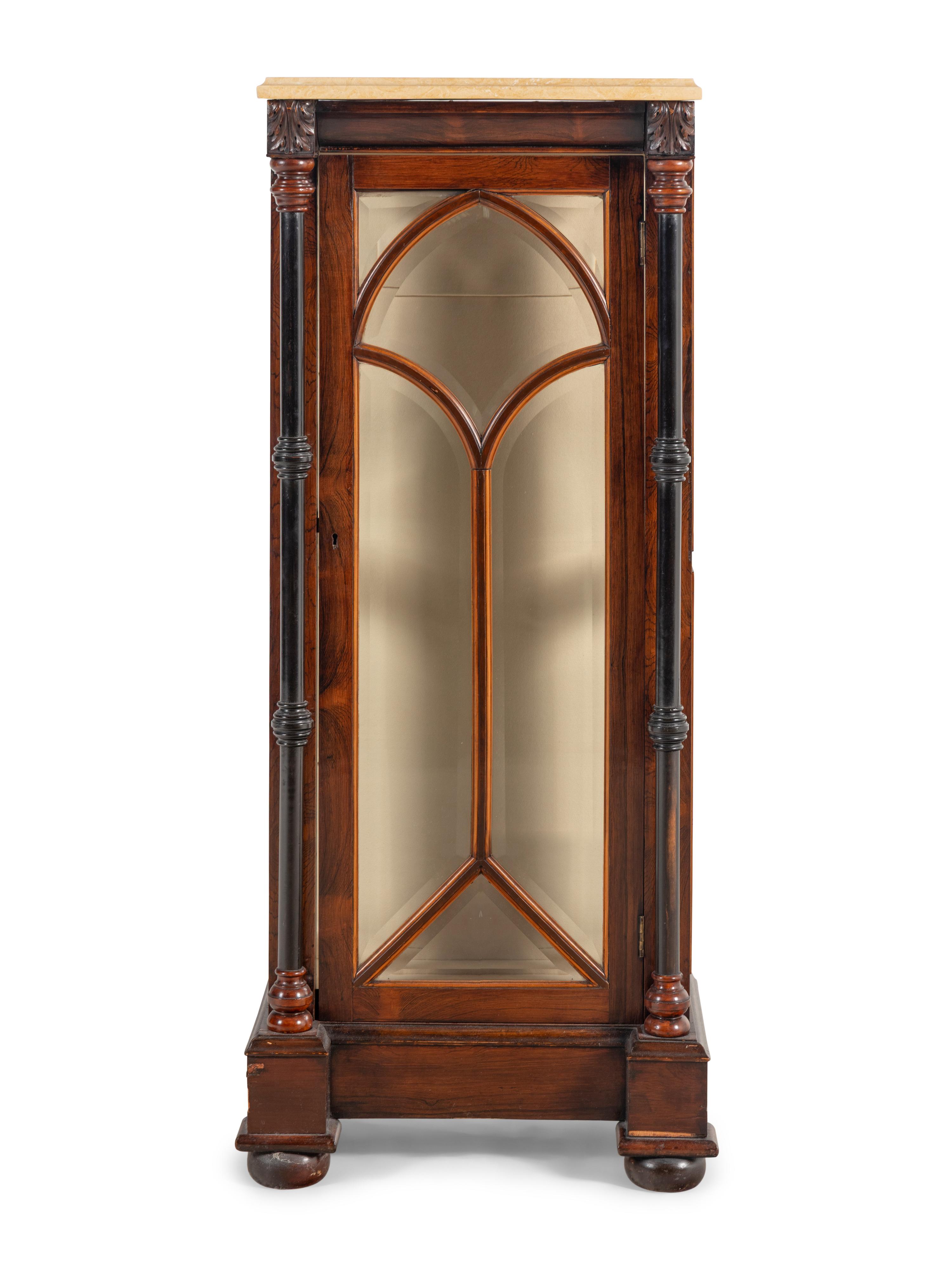 An English Part-Ebonized Rosewood Marble-Top Vitrine Cabinet
