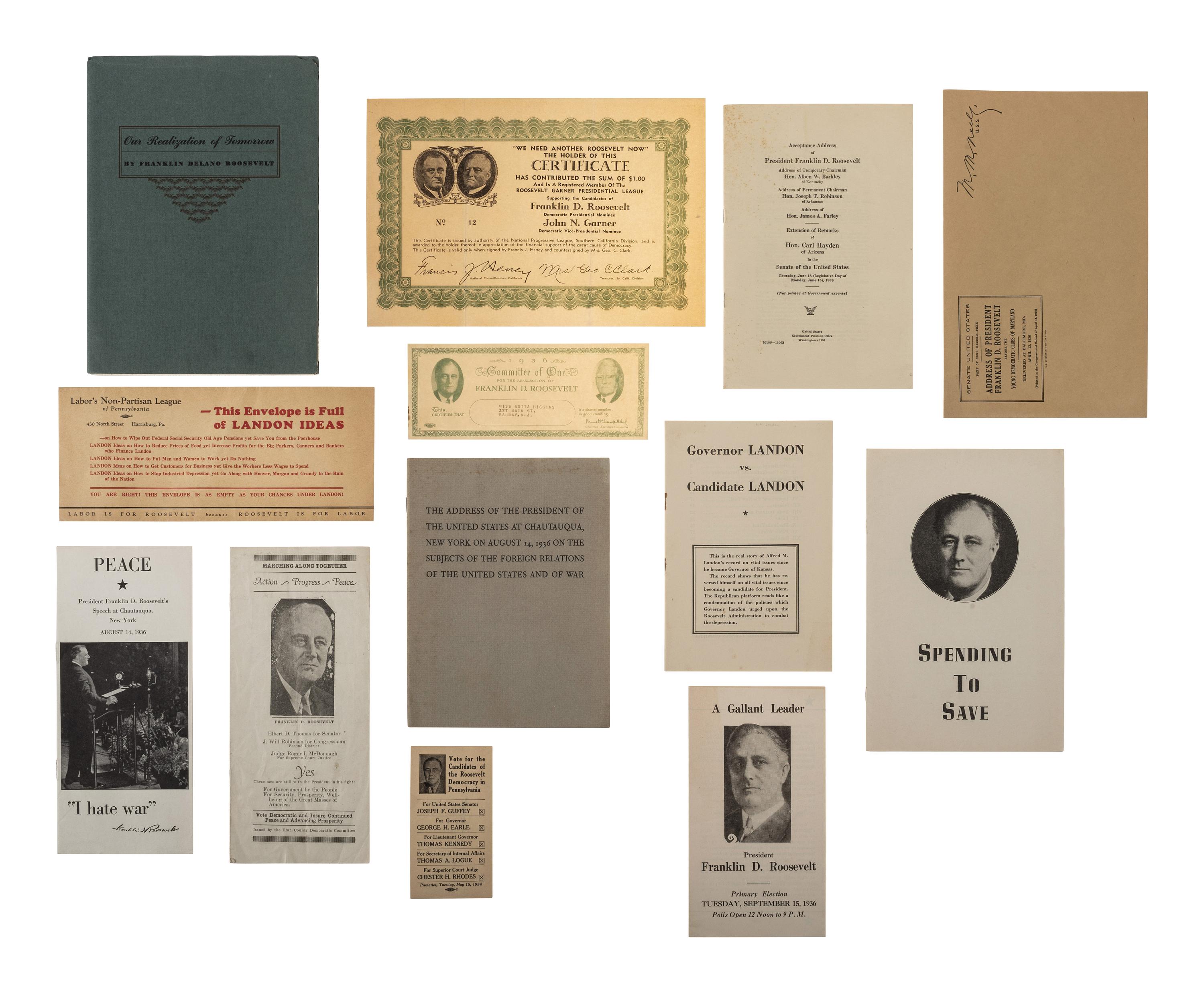[ROOSEVELT, Franklin Delano (1882-1945). A large group of broadsides, pamphlets, tickets, and other campaign ephemera.