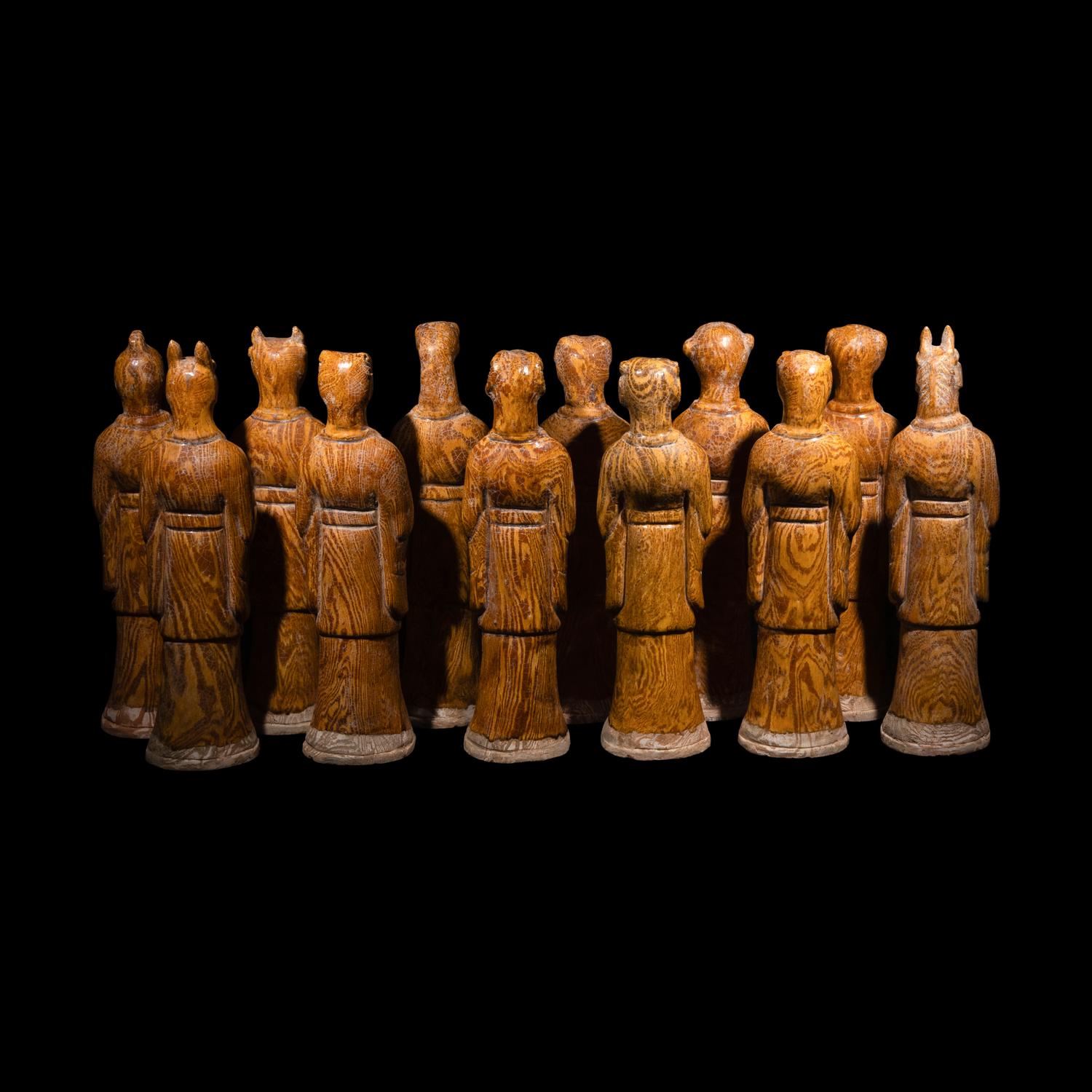 A Set of Twelve Chinese Marbleized Pottery Zodiac Figures, 18th Century or Earlier 清或更早 絞胎釉十二生肖像一組