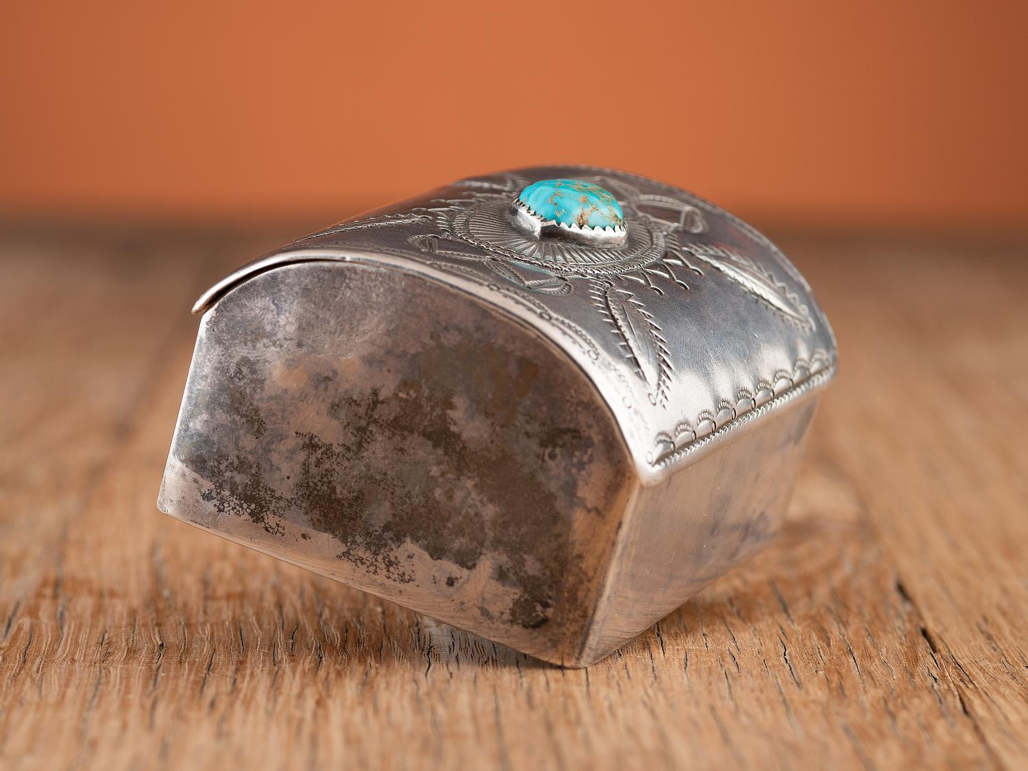Navajo Stamped Silver and Turquoise Box, Crafted from a Repurposed Ketoh
