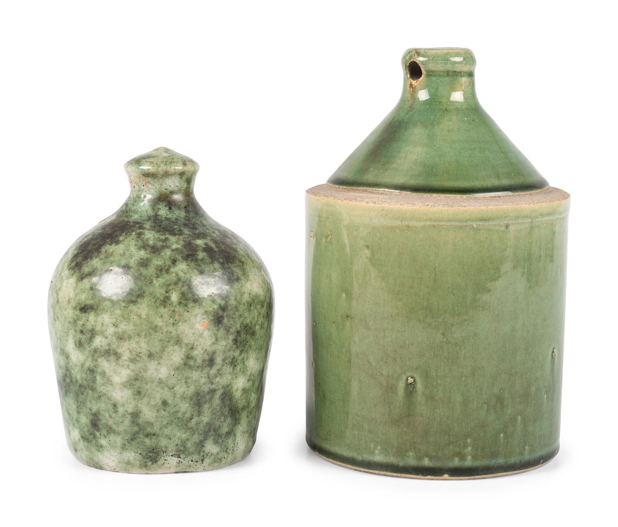 Two Stoneware Birdhouses in Green Glaze