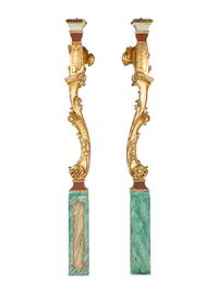 A Pair of Venetian Painted and Parcel Gilt Columns with Putti