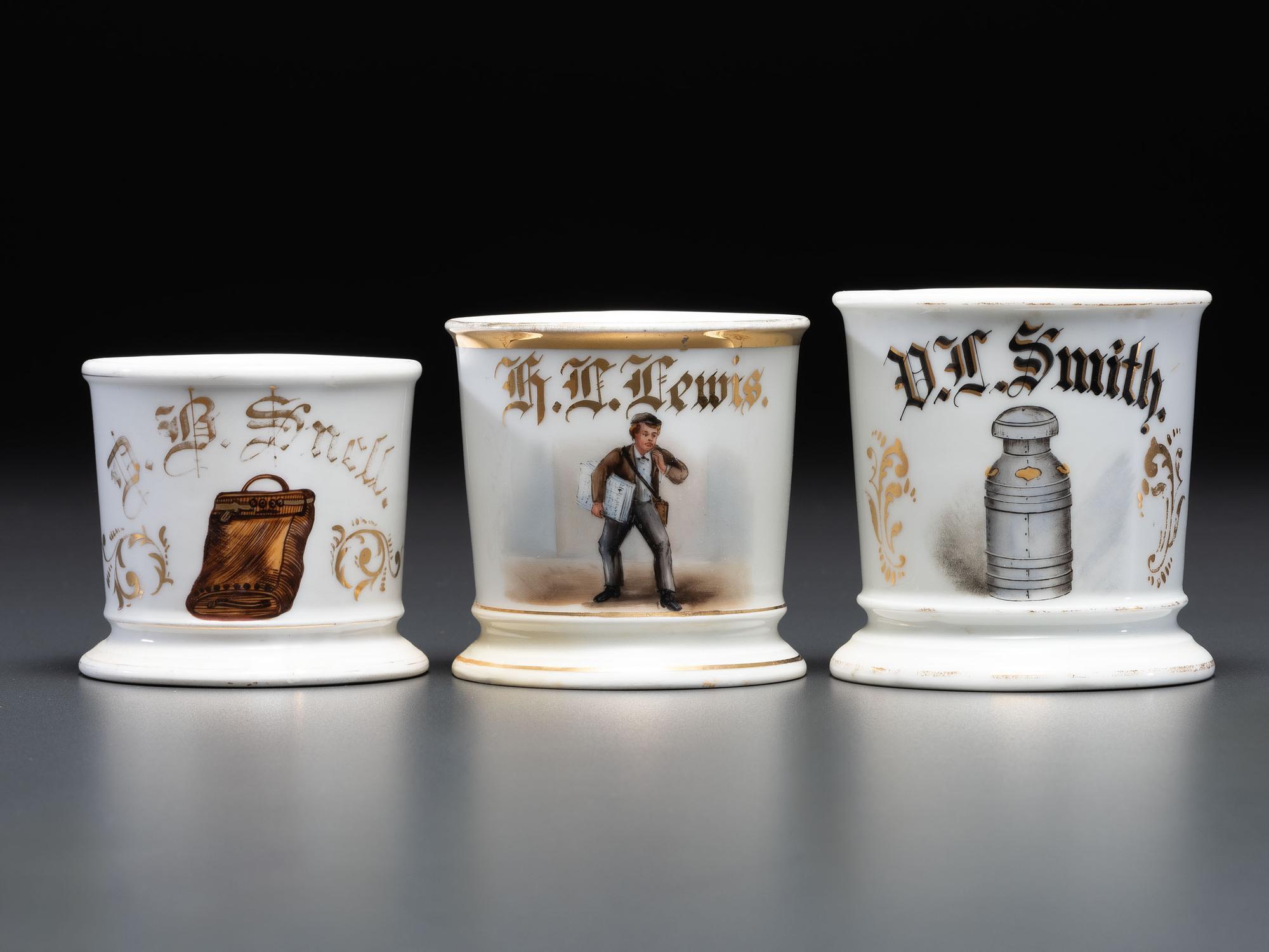 Three Delivery Porcelain Occupational Shaving Mugs