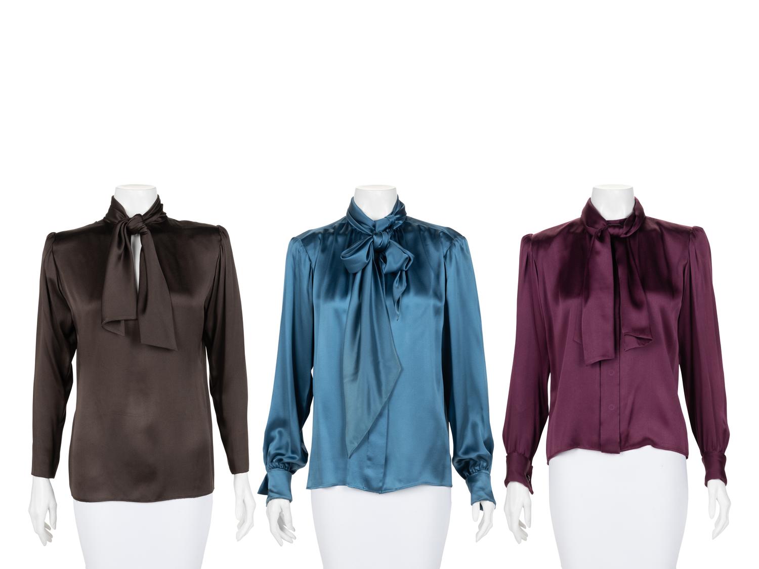 Three Yves Saint Laurent Haute Couture Silk Satin Blouses, 1979-81