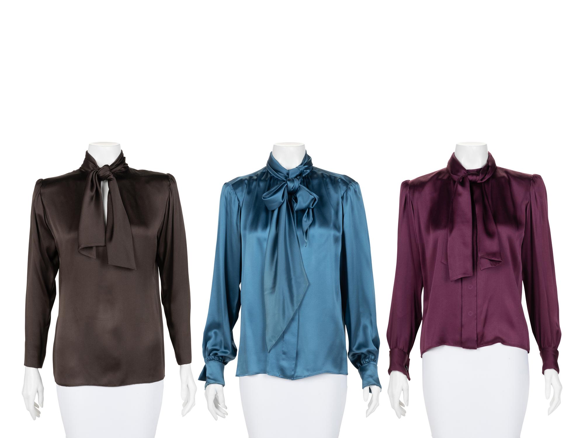 Three Yves Saint Laurent Haute Couture Silk Satin Blouses, 1979-81