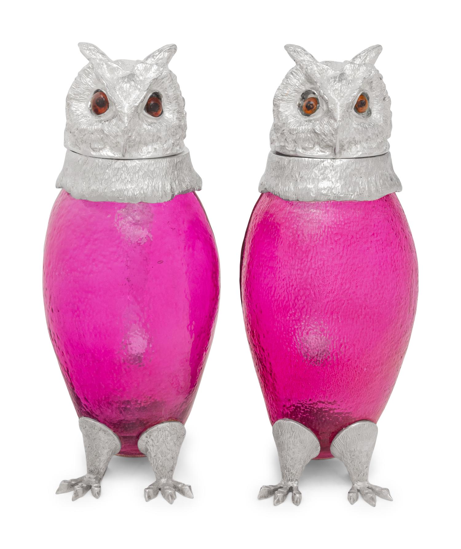 A Pair of Silver-Plate and Pink Glass Owl Decanters