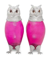 A Pair of Silver-Plate and Pink Glass Owl Decanters