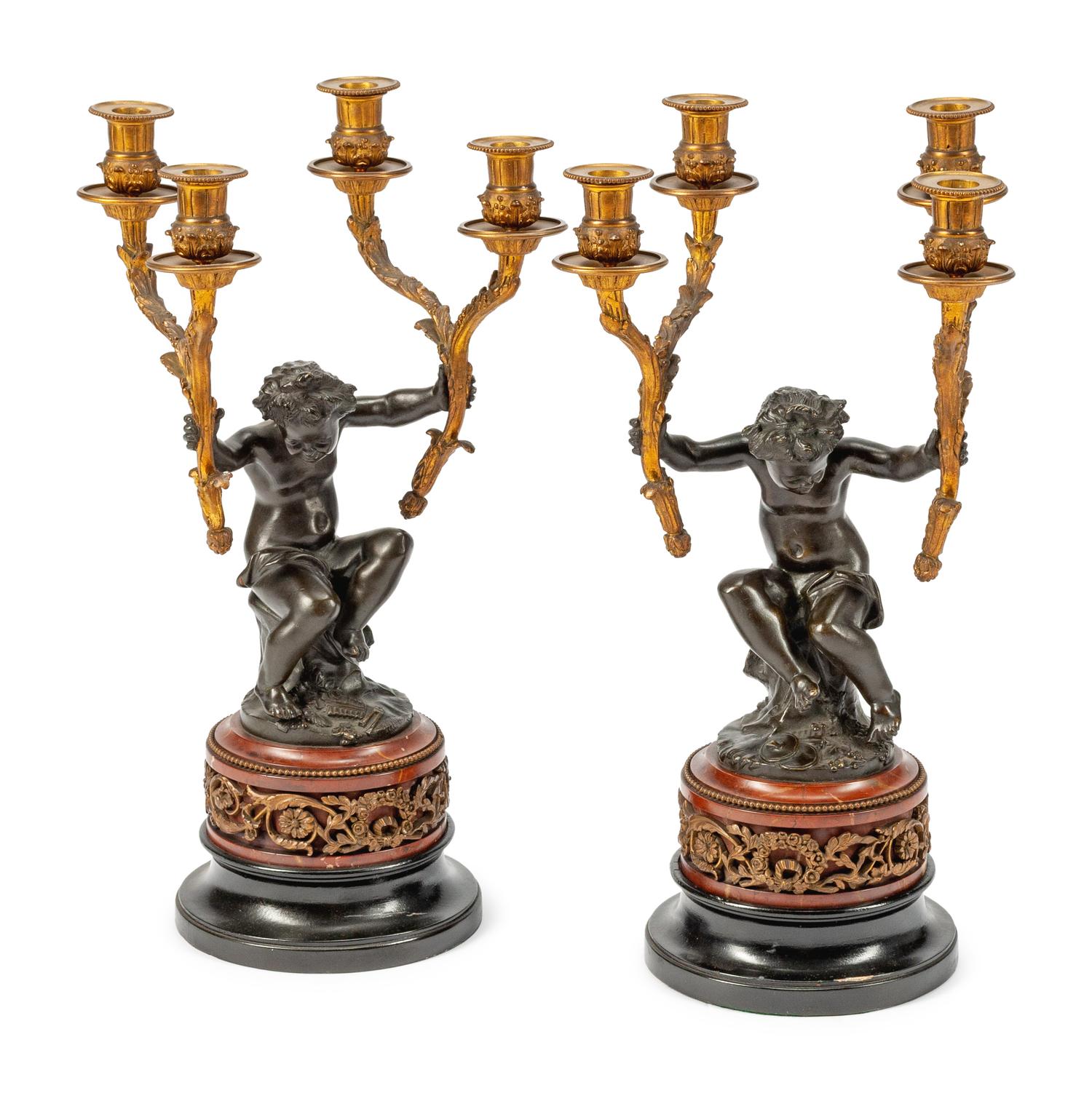 A Pair of French Parcel-Gilt and Patinated Bronze Four-Light Figural Candelabra — 19TH CENTURY