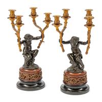 A Pair of French Parcel-Gilt and Patinated Bronze Four-Light Figural Candelabra — 19TH CENTURY