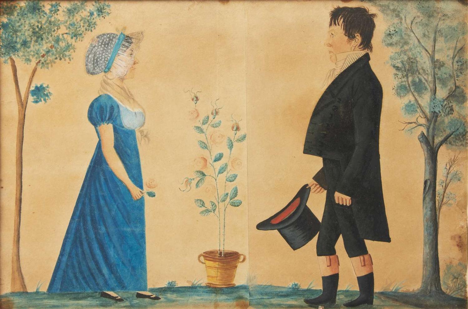 Attributed to Jacob Maentel (1778-1863), Double Portrait of Susannah and John Beard with a potted rose