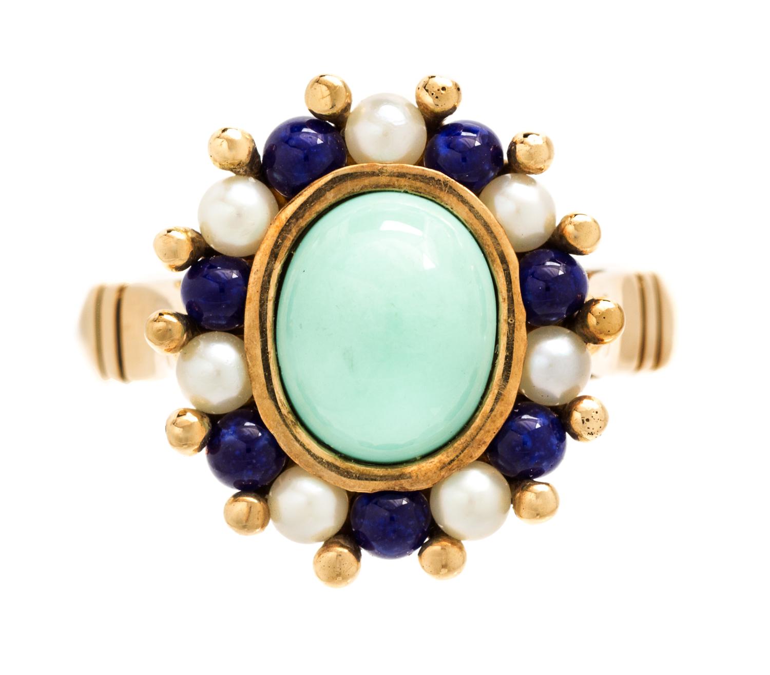 A 14 Karat Yellow Gold, Turquoise, Lapis Lazuli and Pearl Ring, 4.50 dwts.