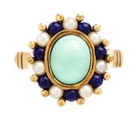 A 14 Karat Yellow Gold, Turquoise, Lapis Lazuli and Pearl Ring, 4.50 dwts.