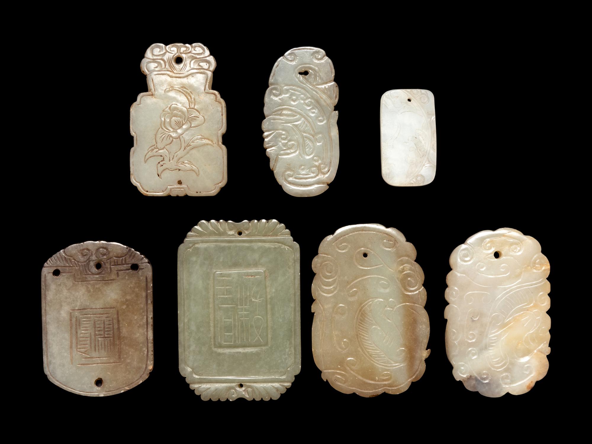 Seven Chinese Celadon Jade Carved Plaques