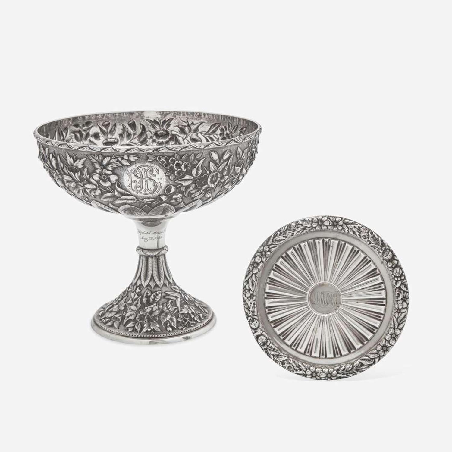 A sterling silver floral repoussé footed bowl and stand Peter L. Krider Co., Philadelphia, PA and Gorham Mfg. Co., Providence, RI, dated "1878," and 1897-1899, respectively