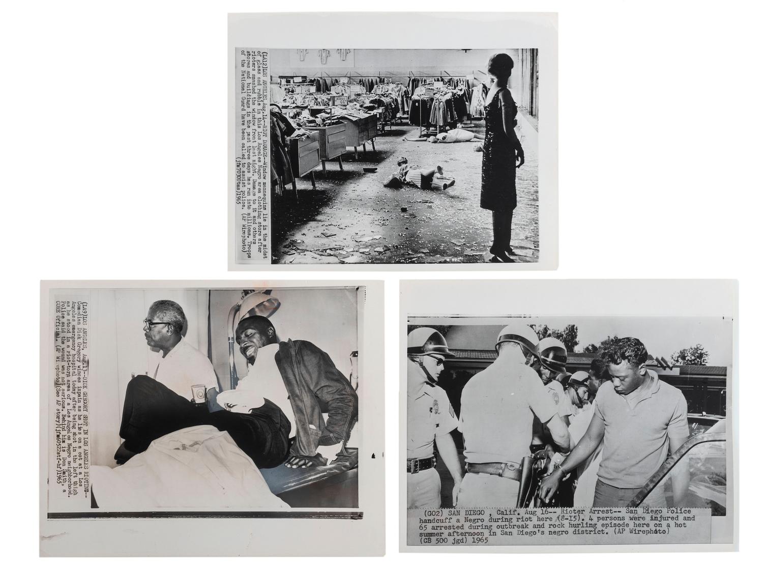 [CIVIL RIGHTS -- WATTS RIOTS]. A group of 7 press photographs featuring scenes from the Watts Uprising in Los Angeles and the wrongful death inquest of Leonard Deadwyler.