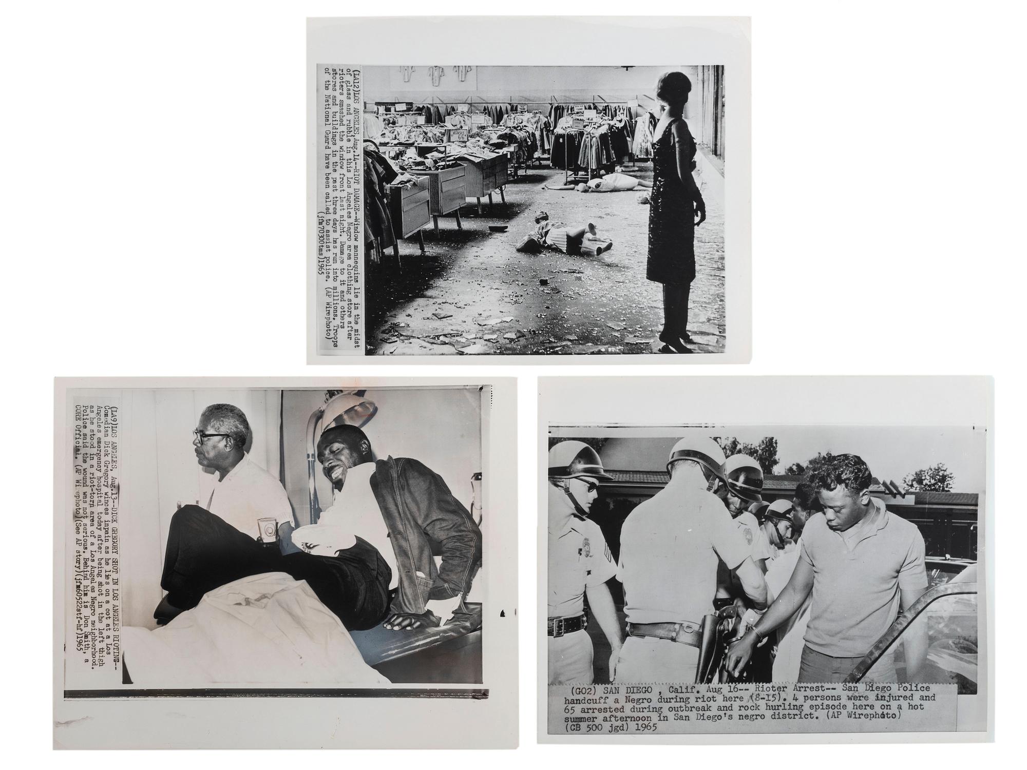 [CIVIL RIGHTS -- WATTS RIOTS]. A group of 7 press photographs featuring scenes from the Watts Uprising in Los Angeles and the wrongful death inquest of Leonard Deadwyler.