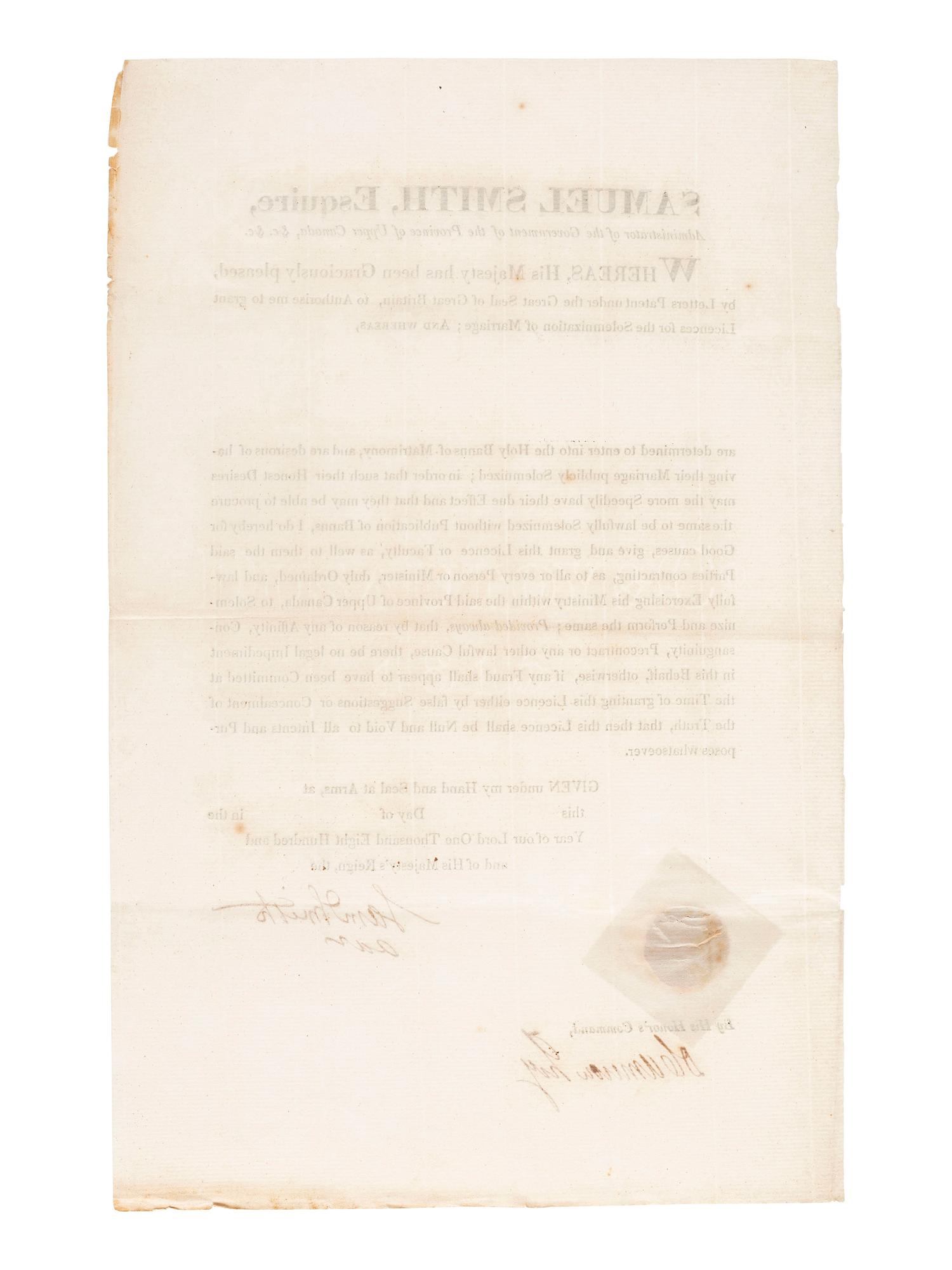 [REVOLUTIONARY WAR]. A group of 2 documents relating to the Province of Upper Canada, including one signed by Loyalist Samuel Smith (1756-1826) who served as Captain of the Queen's Rangers and surrendered at Yorktown.