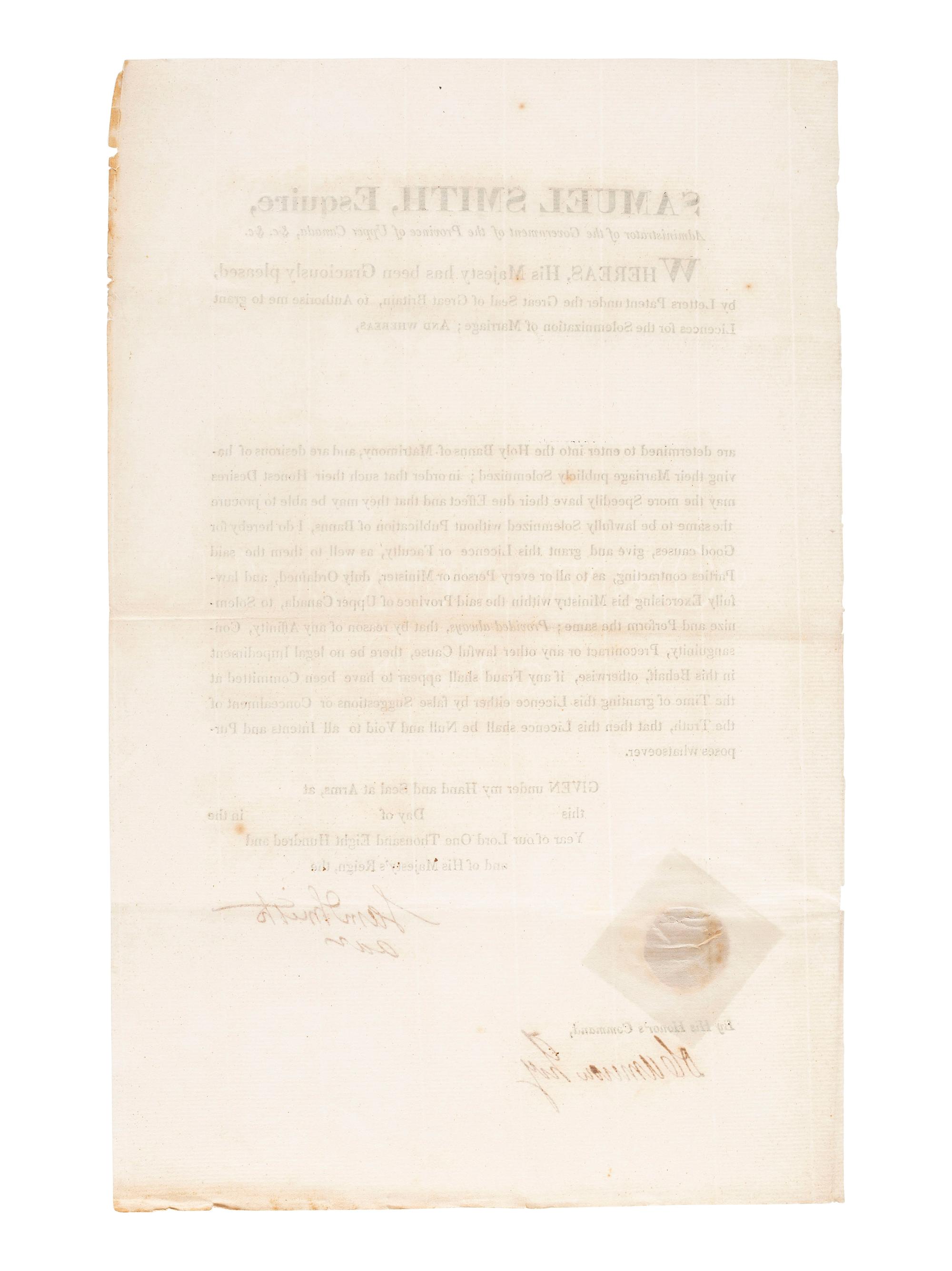 [REVOLUTIONARY WAR]. A group of 2 documents relating to the Province of Upper Canada, including one signed by Loyalist Samuel Smith (1756-1826) who served as Captain of the Queen's Rangers and surrendered at Yorktown.