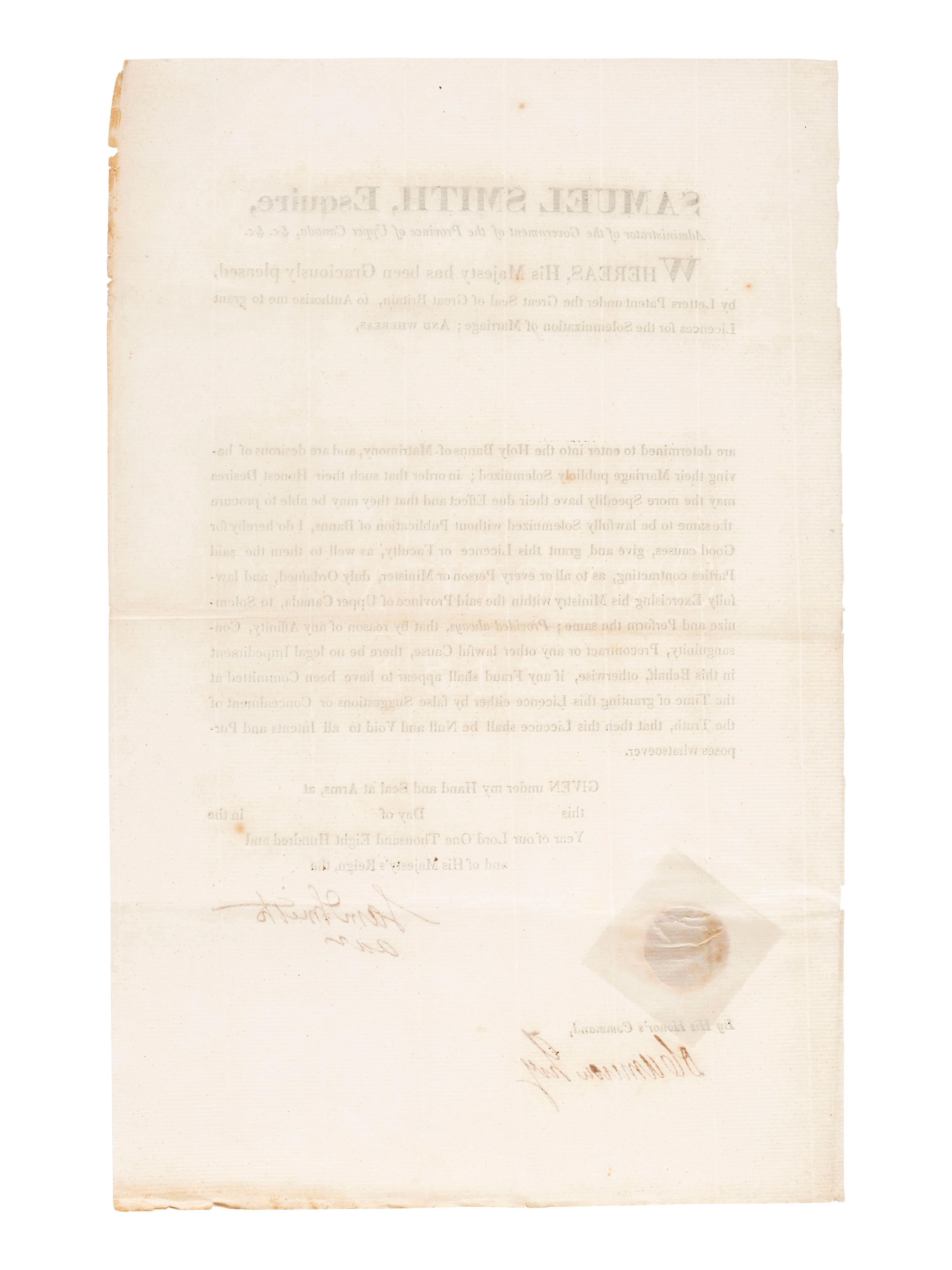 [REVOLUTIONARY WAR]. A group of 2 documents relating to the Province of Upper Canada, including one signed by Loyalist Samuel Smith (1756-1826) who served as Captain of the Queen's Rangers and surrendered at Yorktown.
