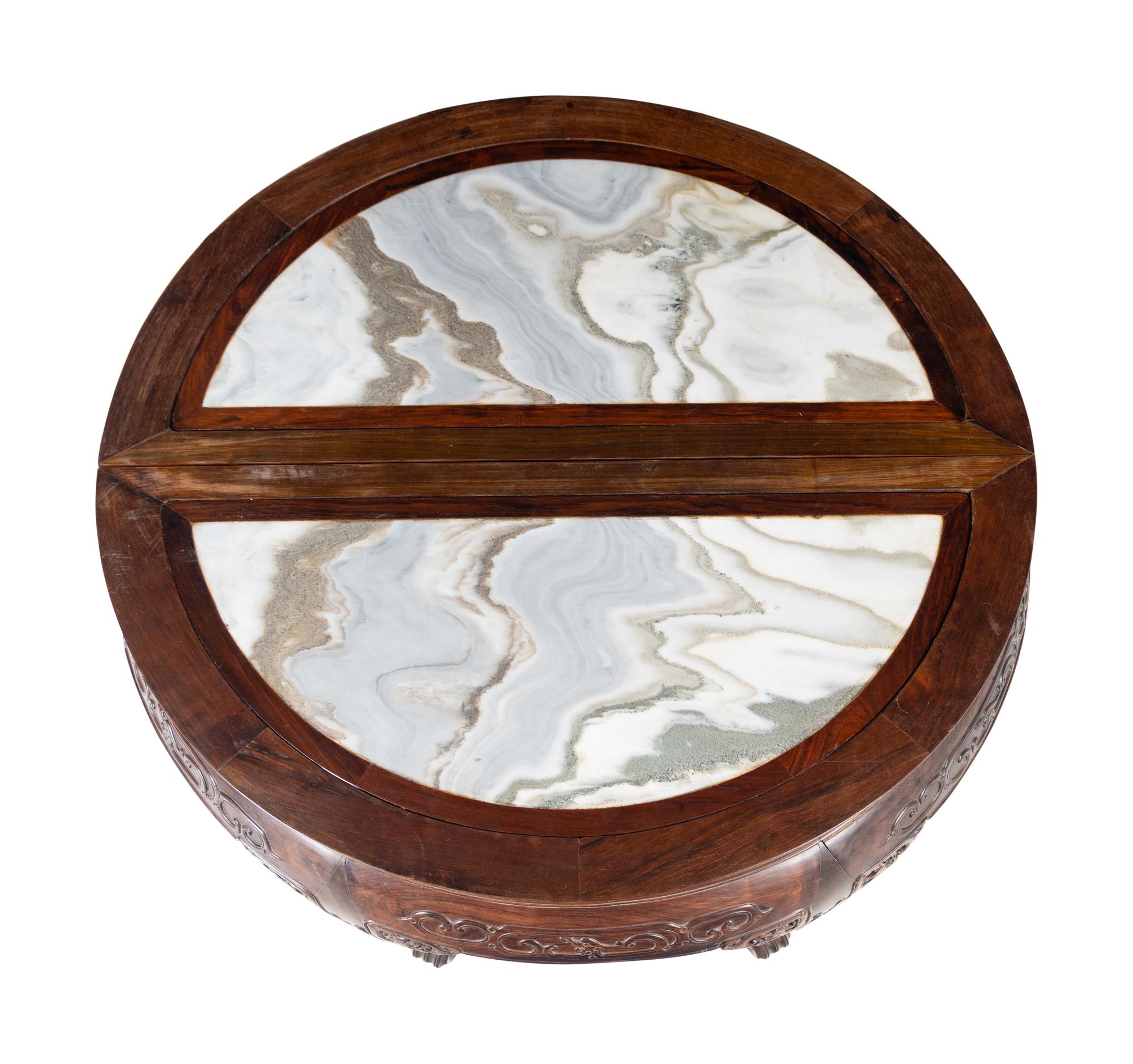 A Pair of Chinese Marble Inset Hardwood Demi-Lune Side Tables and Five Matching Stools