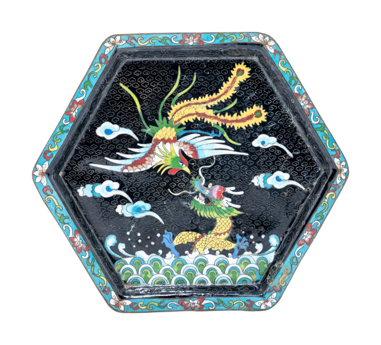 A Set of Eight Chinese Cloisonné Enamel 'Dragon and Phoenix' Wine Ewer and Cups