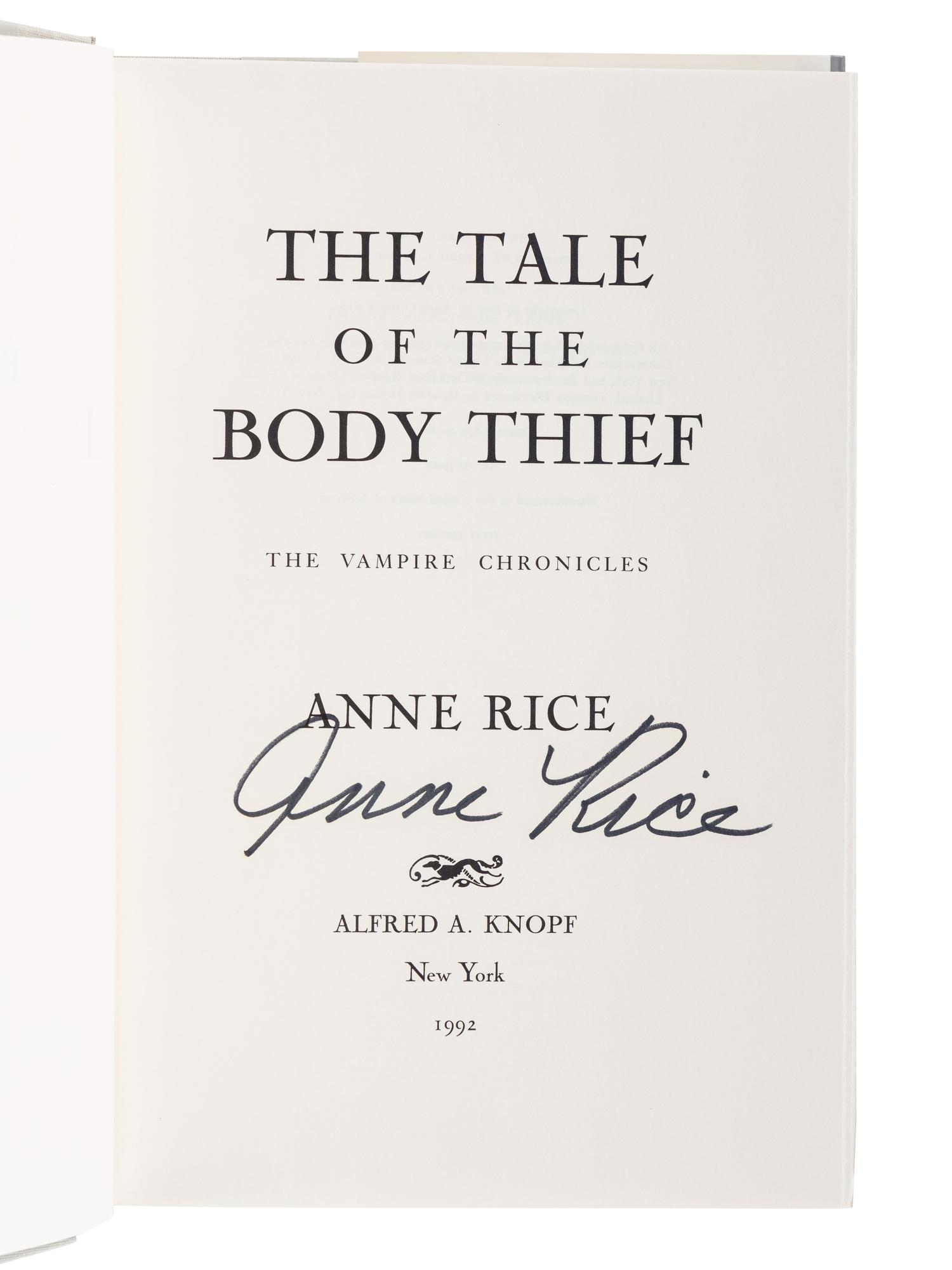 RICE, Anne (1941-2021). A group of 9 works from Rice’s The Vampire Chronicles series, MOST FIRST EDITION, ALL SIGNED OR INSCRIBED, comprising: