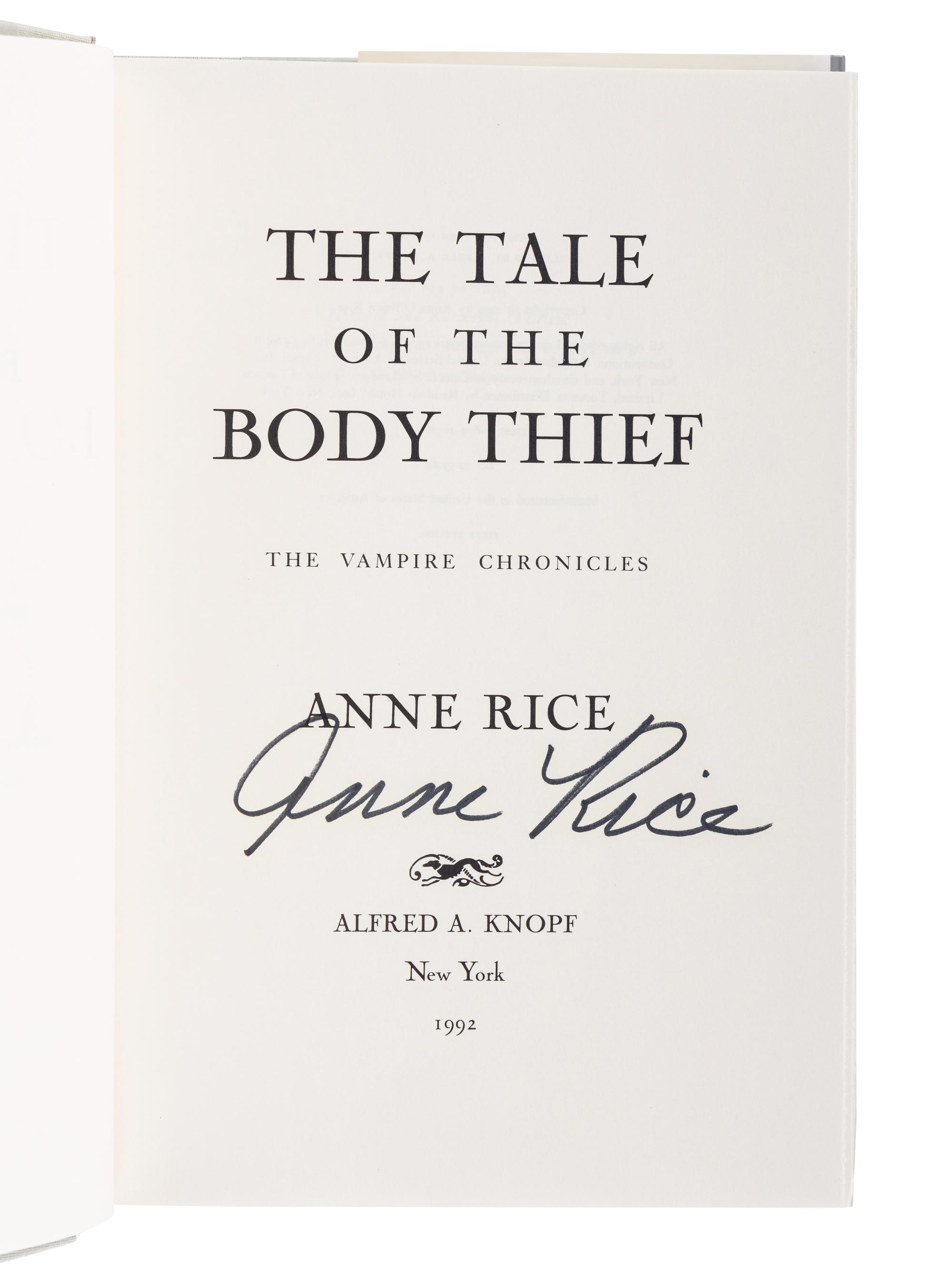 RICE, Anne (1941-2021). A group of 9 works from Rice’s The Vampire Chronicles series, MOST FIRST EDITION, ALL SIGNED OR INSCRIBED, comprising: