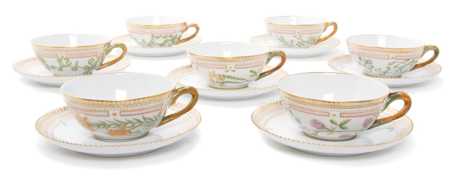 Eighteen Royal Copenhagen Flora Danica Teacups and Saucers Diameter 6 inches.