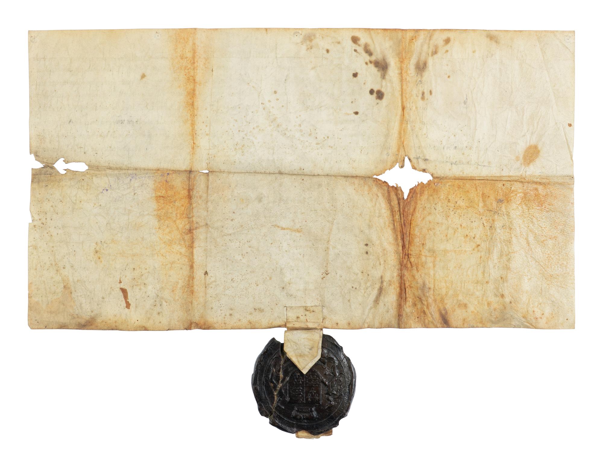 CHANCERY OF ELIZABETH I (r. 17 November 1558–24 March 1603) Single parchment sheet with Common Recovery under the Great Seal of Elizabeth I, involving lands in Suffolk, in Latin, manuscript on parchment [London, Court of King’s Bench, Trinity Term, 21 Elizabeth, 1579]