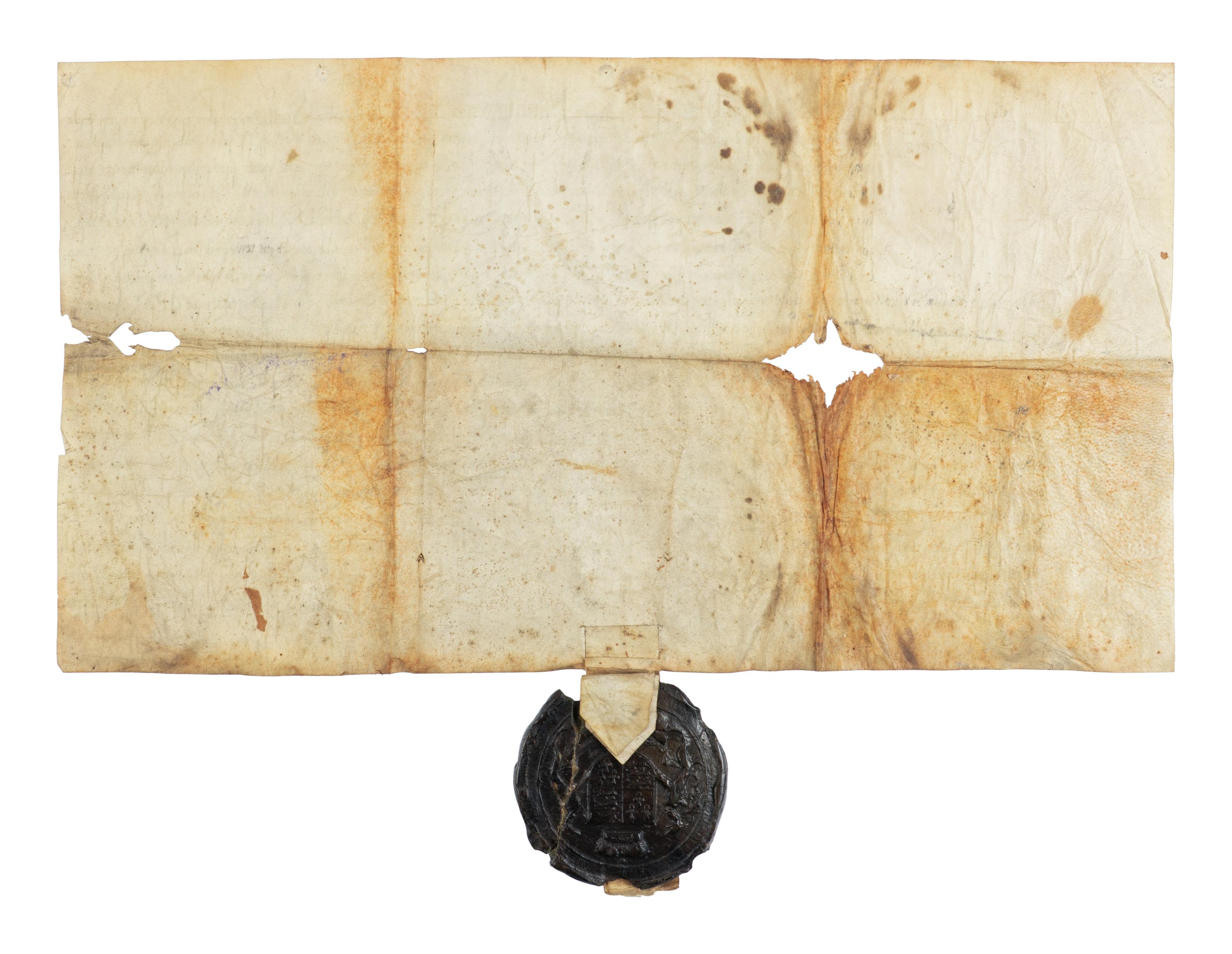 CHANCERY OF ELIZABETH I (r. 17 November 1558–24 March 1603) Single parchment sheet with Common Recovery under the Great Seal of Elizabeth I, involving lands in Suffolk, in Latin, manuscript on parchment [London, Court of King’s Bench, Trinity Term, 21 Elizabeth, 1579]