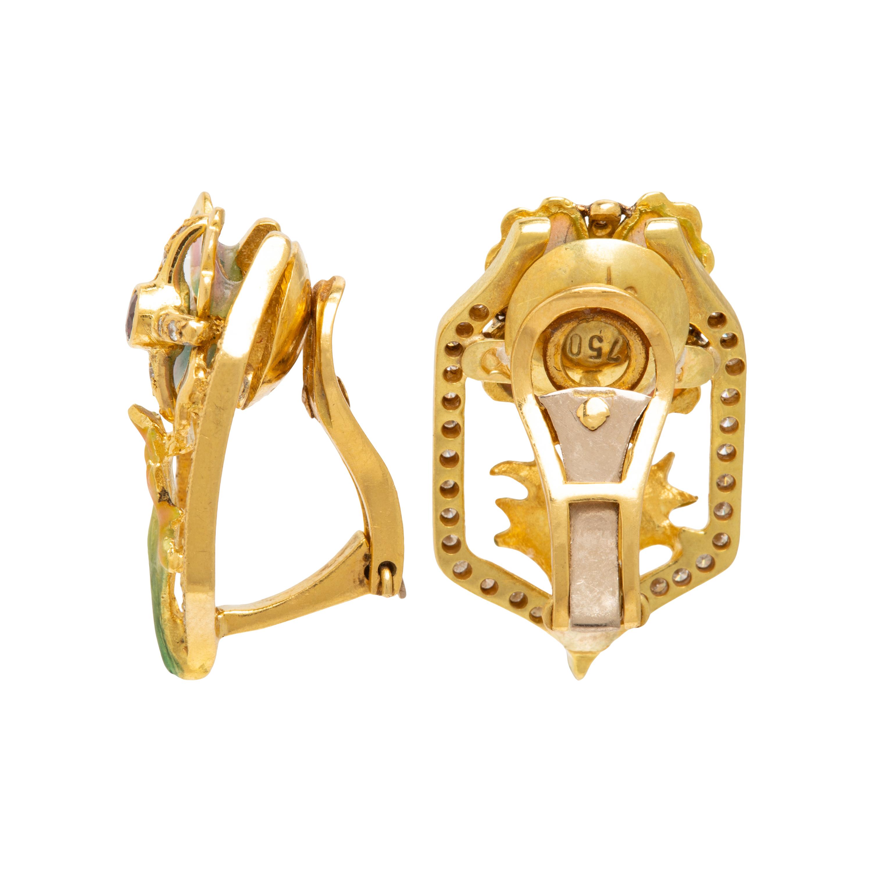 Attributed to Masriera, Plique-à-Jour and Diamond Earrings
