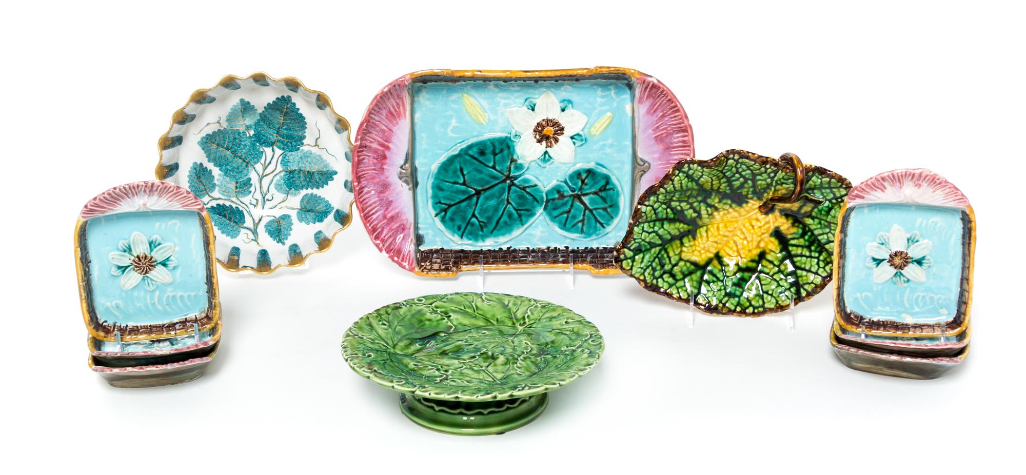 A Group of Majolica Pottery Articles Largest 14 x 9 inches.