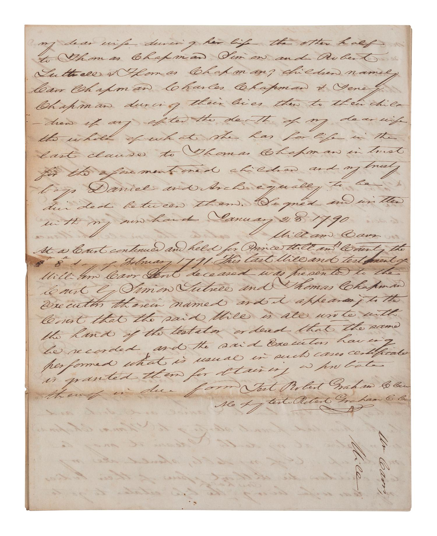 [ENSLAVEMENT & ABOLITION]. A group of 4 documents identified to the Carr and Tebbs families of Virginia, incl. references to the manumission and sale of enslaved persons.
