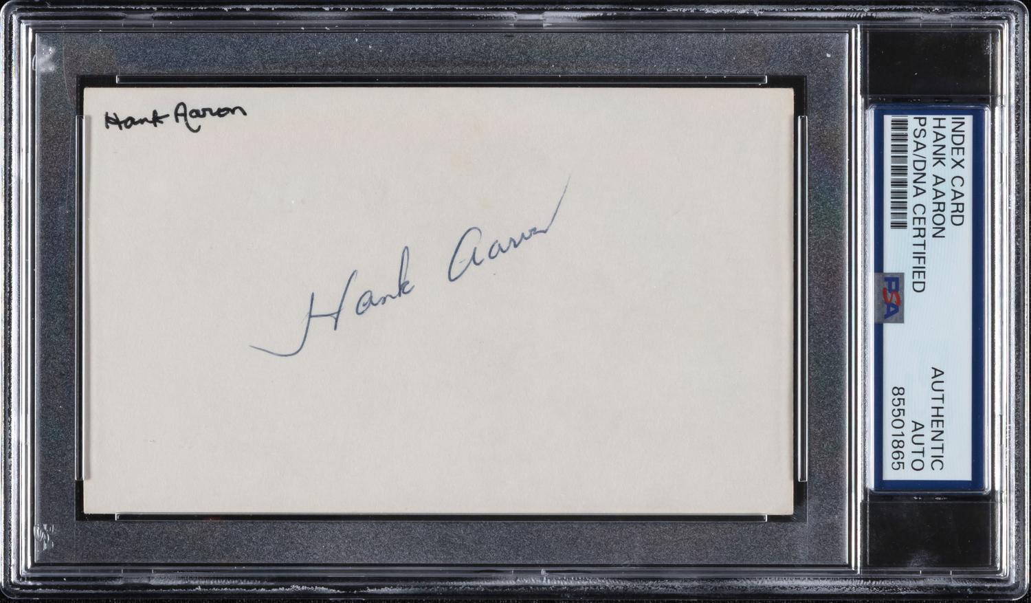 A Hank Aaron Vintage Signed Autograph Index Card (PSA Encapsulated)