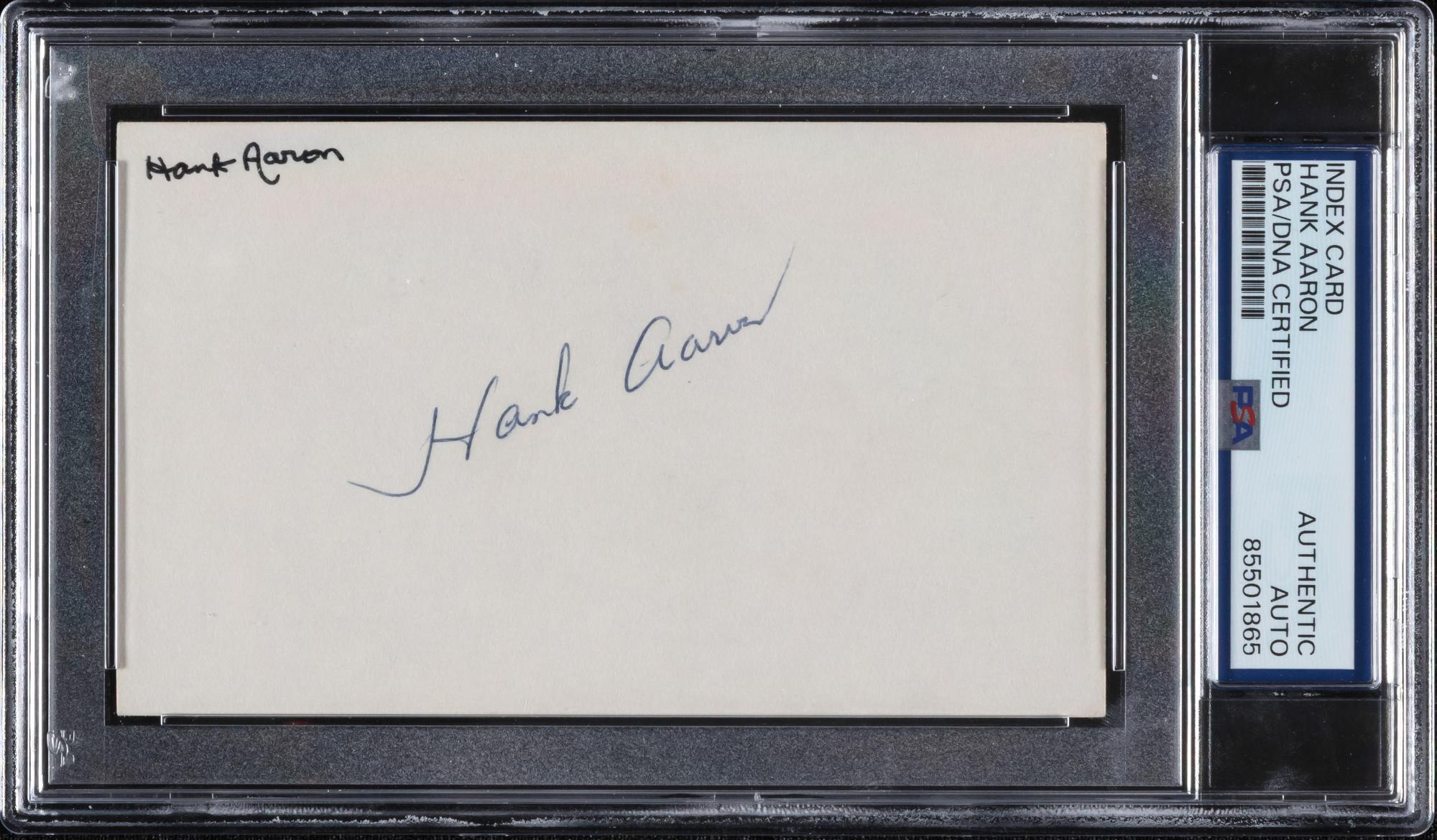 A Hank Aaron Vintage Signed Autograph Index Card (PSA Encapsulated)