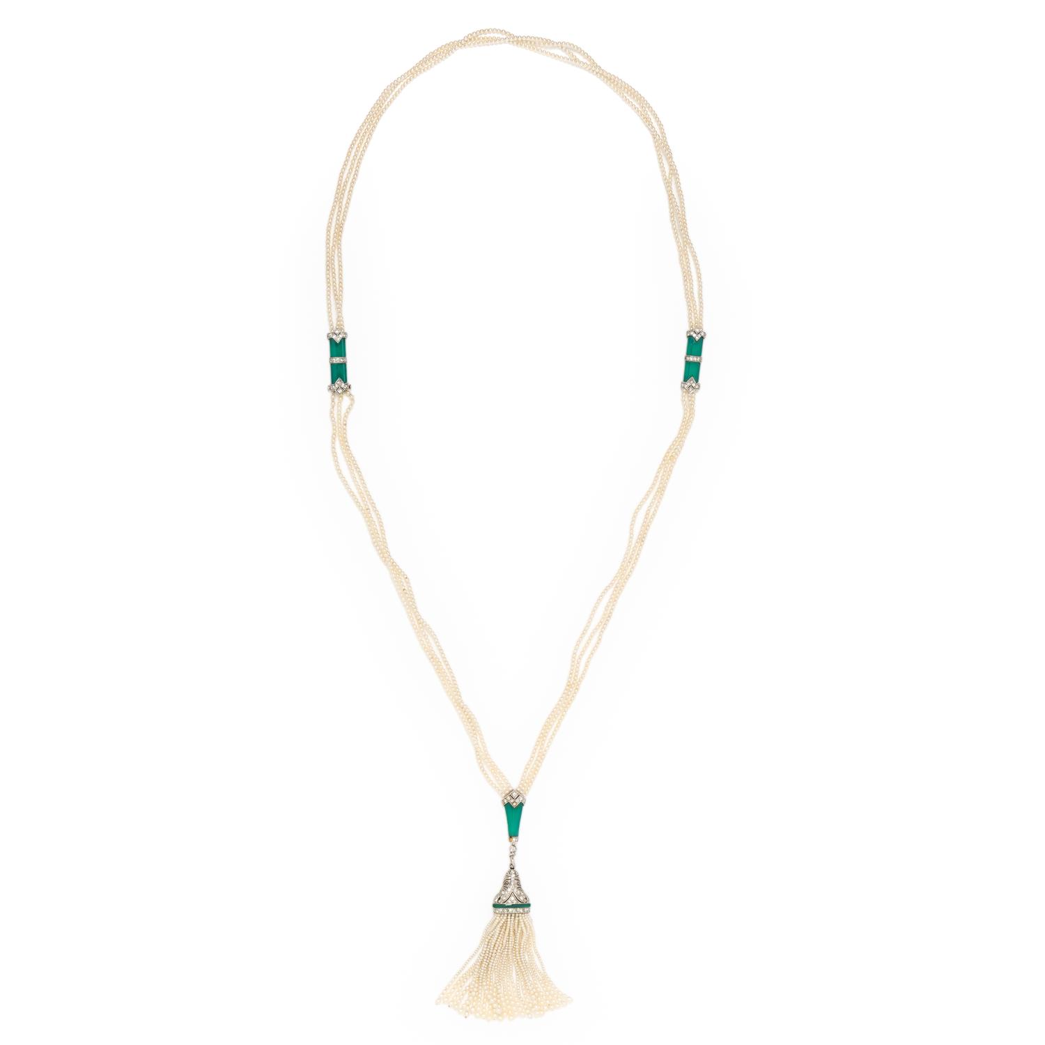 ART DECO, SEED PEARL, CHRYSOPRASE, AND DIAMOND SAUTOIR NECKLACE